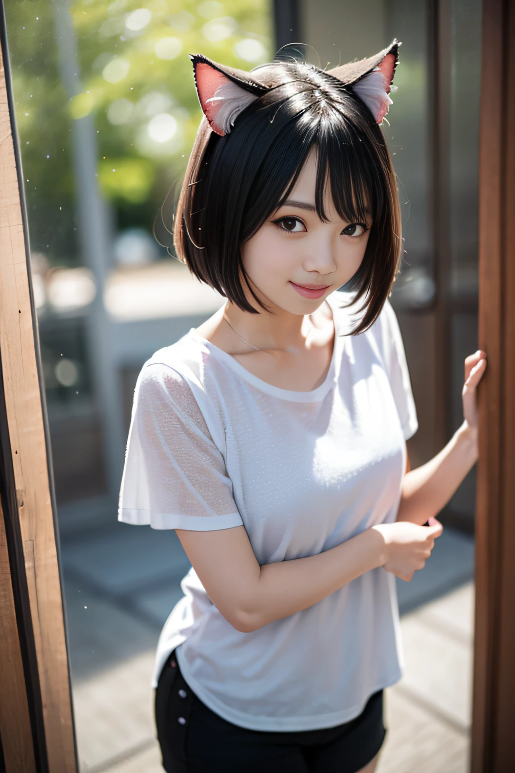 1 rapariga, Whole body, From head to toe, (Focus on character),
A glimmer of light, Soft lighting, (foco nítido), (Photorealsitic),
top-quality, 超A high resolution, 16k picture quality, Raw photo,
(A Japanese Lady:1.2), (The perfect female figure), Models in magazines, beautiful countenance, face perfect, Detail Eyes,
(smil),
((Nekomimi:1.2)), ((Black hair:1.2)), ((a short bob)),
(25-years old:1.2), (A slender), (real looking skin), CCup Bust,
tshirts, Short pants,
View here,
aquariums