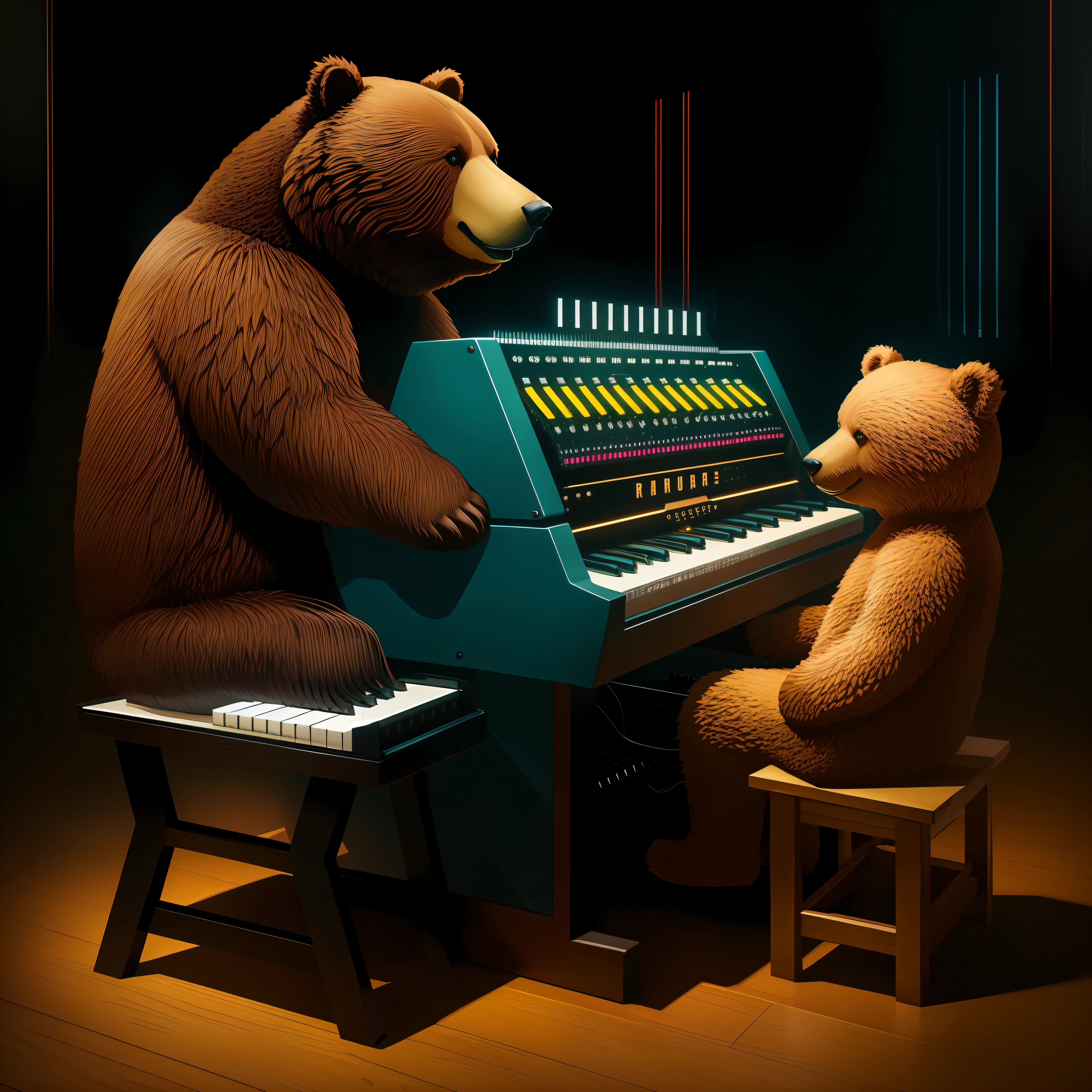 A bear playing a MiniMoog Synthesizer, naive art