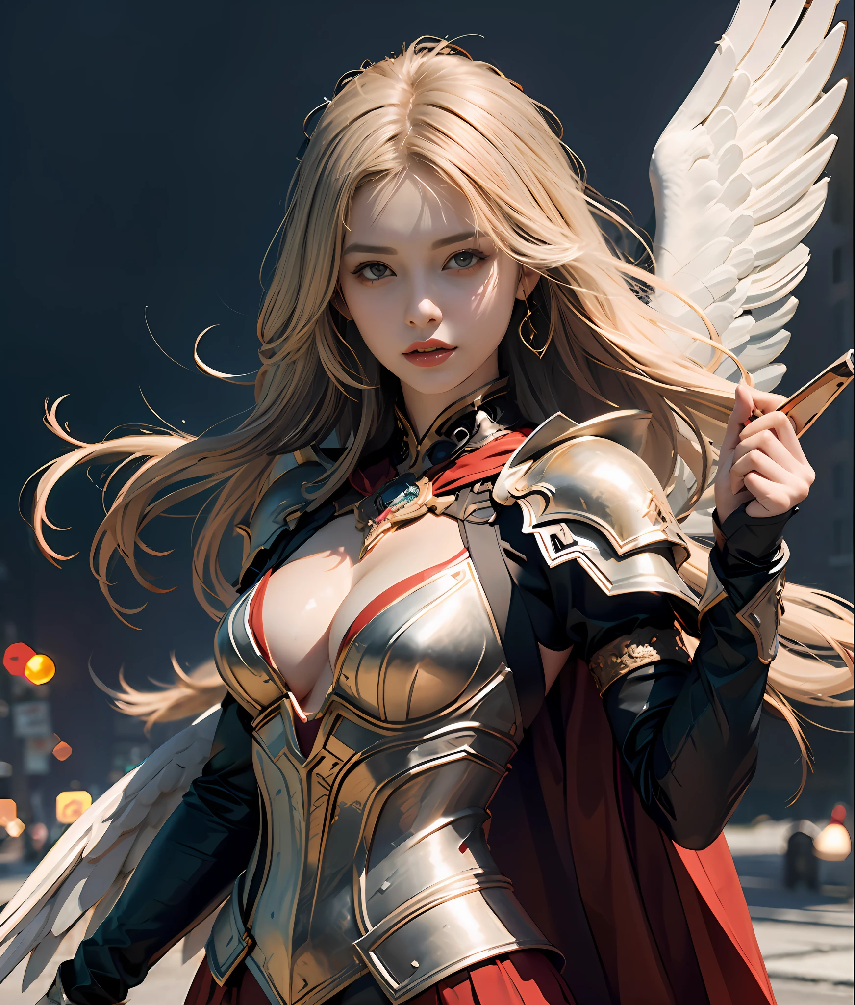 Blonde woman wearing armor on city street,Sword and wings, Art germ ; 3d unreal engine, by Yang J, 2. 5 D CGI anime fantasy artwork, chengwei pan on artstation, wojtek fus, angel knight girl, Stunning character art, cgsociety and fenghua zhong, IG model | Art germ, digital fantasy art )