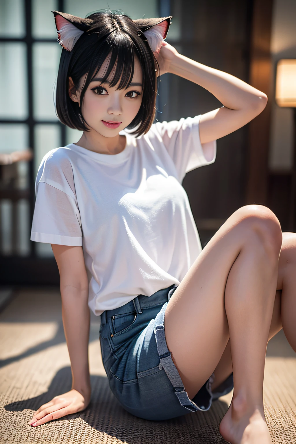 1 rapariga, Whole body, From head to toe, (Focus on character),
A glimmer of light, Soft lighting, (foco nítido), (Photorealsitic),
top-quality, 超A high resolution, 16k picture quality, Raw photo,
(A Japanese Lady:1.2), (The perfect female figure), Models in magazines, beautiful countenance, face perfect, Detail Eyes,
(smil),
((Nekomimi:1.2)), ((Black hair:1.2)), ((a short bob)),
(25-years old:1.2), (A slender), (real looking skin), CCup Bust,
tshirts, Short pants,
View here,
aquariums