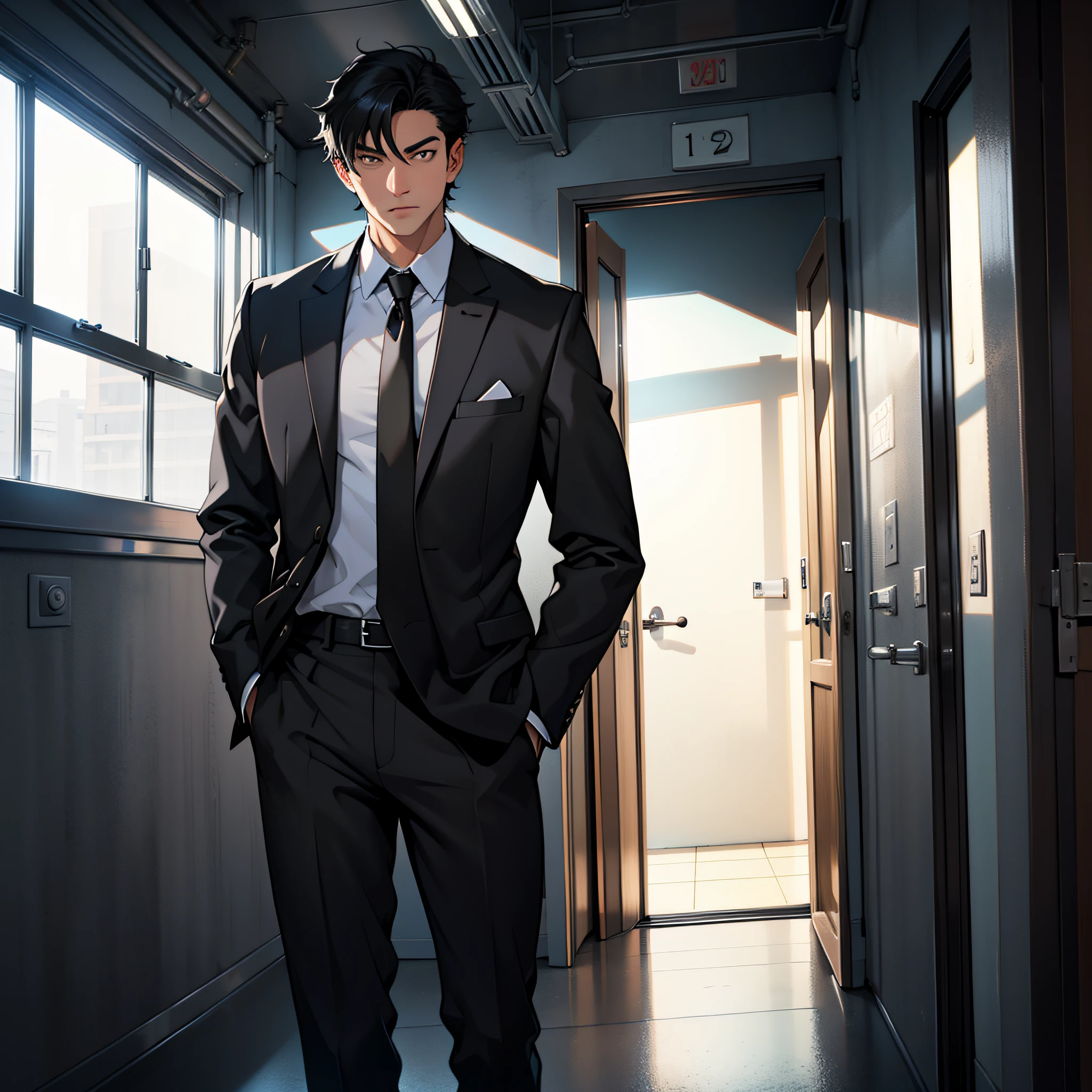 A young man with short black hair in a black suit was standing in the doorway of the window