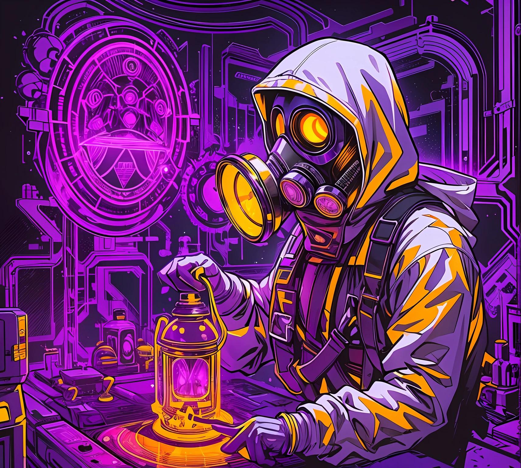 A man with gas mask with neon lights, looking at an unknown shiny object with engraving patterns, the object is black with grooves and engravings that reveal a white and shiny content, white hood, gas mask, gas mask orange lights, X-shaped eyes, X-shaped eyes glowing orange, black gloves, white hood, white coat, white vest, purple backdrop, purple background, purple walls