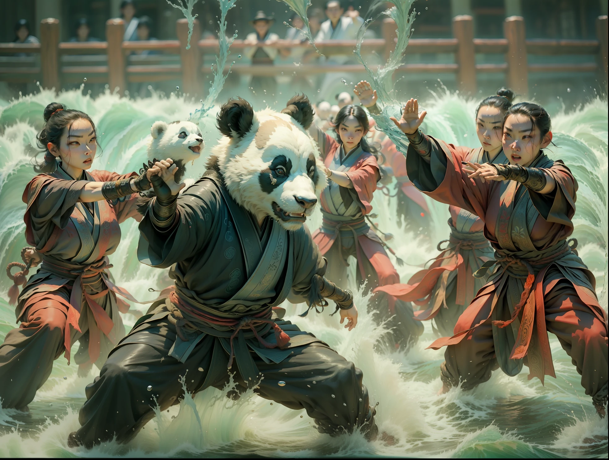 A Chinese martial arts scene featuring a panda controlling water with kung fu and tai chi, with splashing water, waves, and magical energy.

playful atmosphere, vibrant colors, dynamic composition, Canon EOS R5 camera, Fujifilm Provia 100F film, 50mm lens, shallow depth of field, Jackie Chan, Donnie Yen, Jet Li, Alexander McQueen, Guo Pei