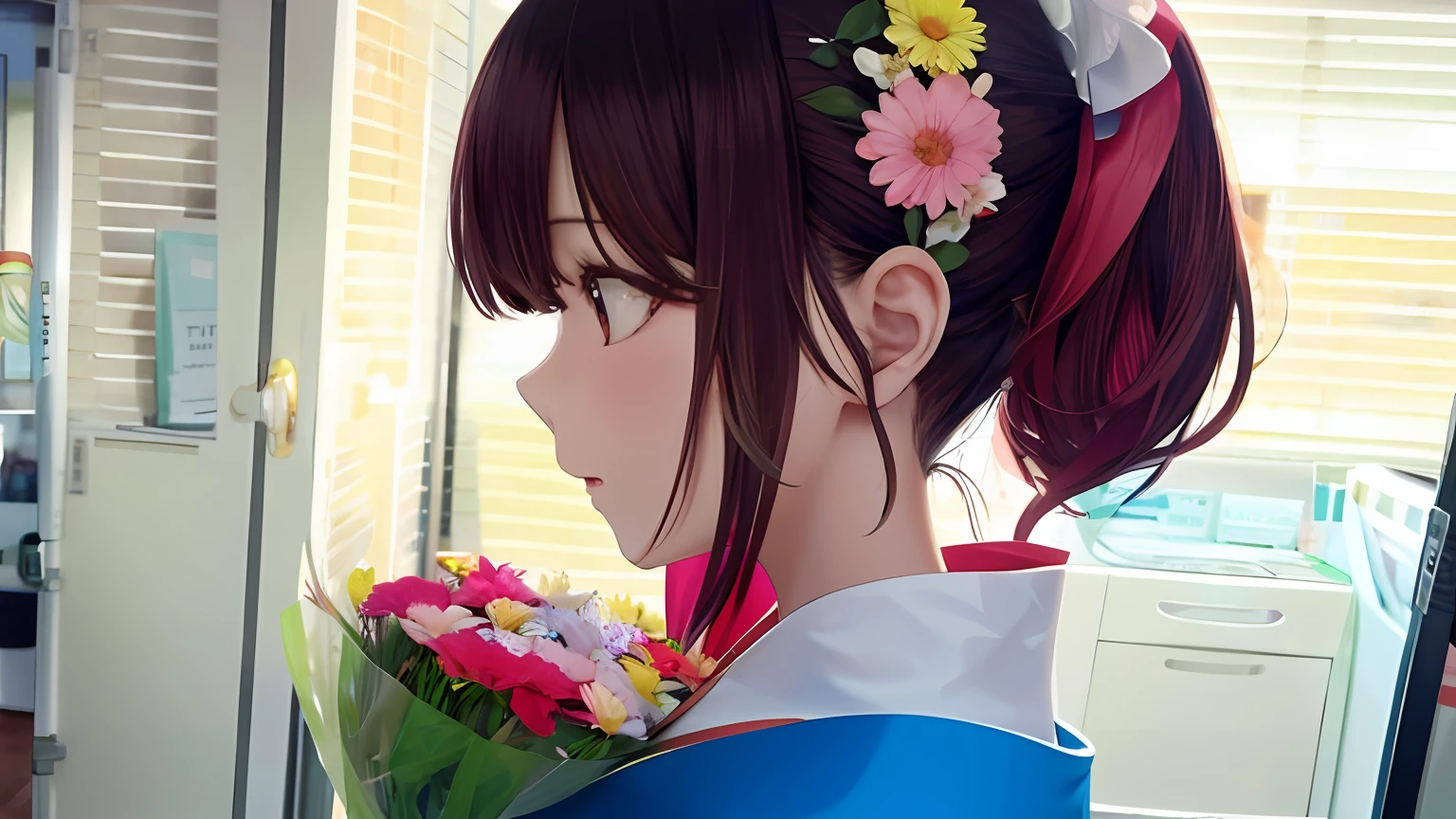 Anime girl with flowers staring at what in hair, a beautiful anime portrait, anime girl profile, anime girl portrait profile, Guviz-style artwork, Stunning anime face portrait, detailed portrait of an anime girl, portrait anime girl, Guweiz in Pixiv ArtStation, Guviz, Anime girl portrait, Beautiful anime face, cute anime girl portraits