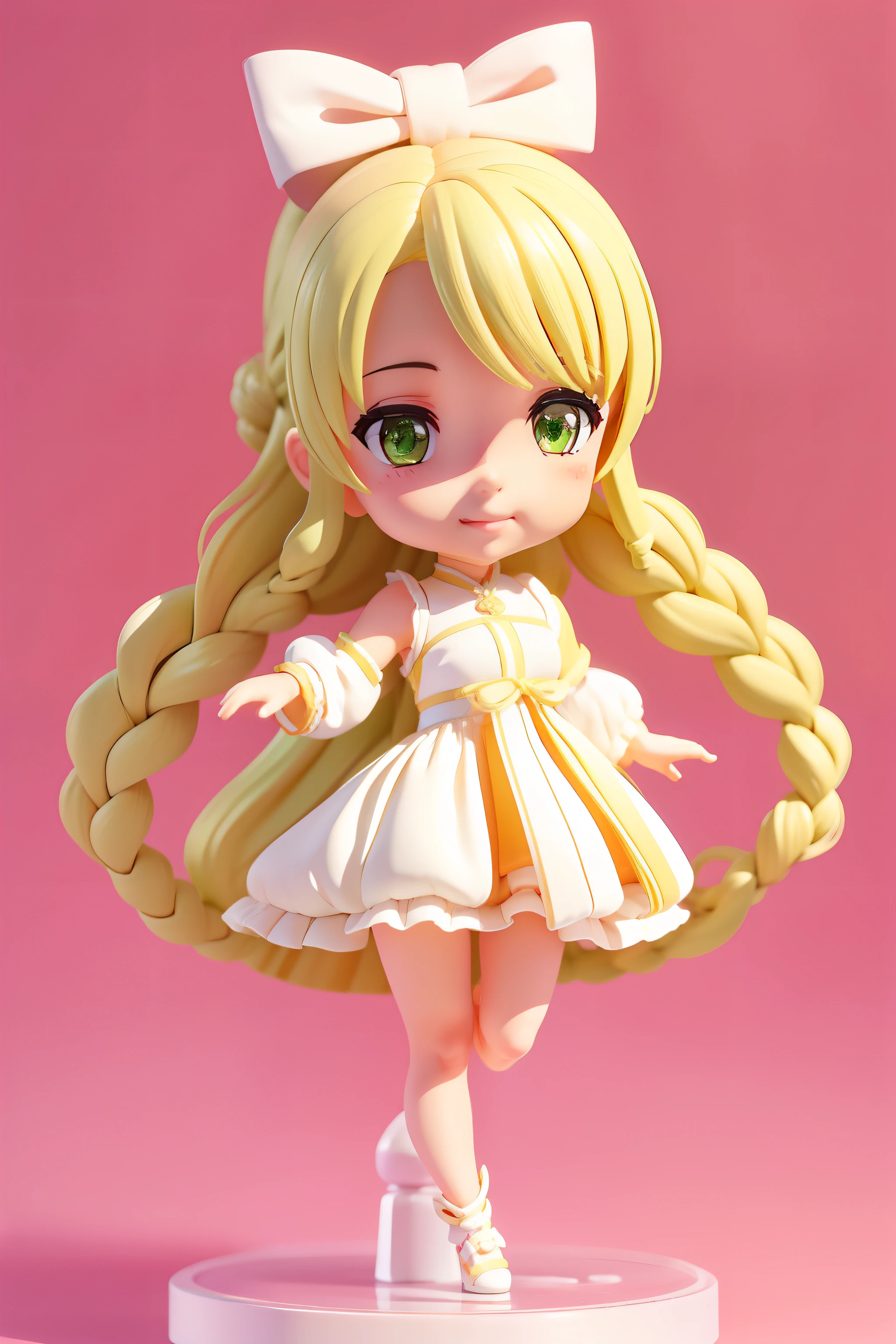1girl in、nendoroid、figurine、Big wind effect、flaxen hair、Green eyes、White summer dress、Composition from toes to the tips of the hair、pale egg-colored skin、Large braid in a ponytail、Ponytail soars upwards、thin lipss、pale pink lip、Cute smile、dynamic movements、