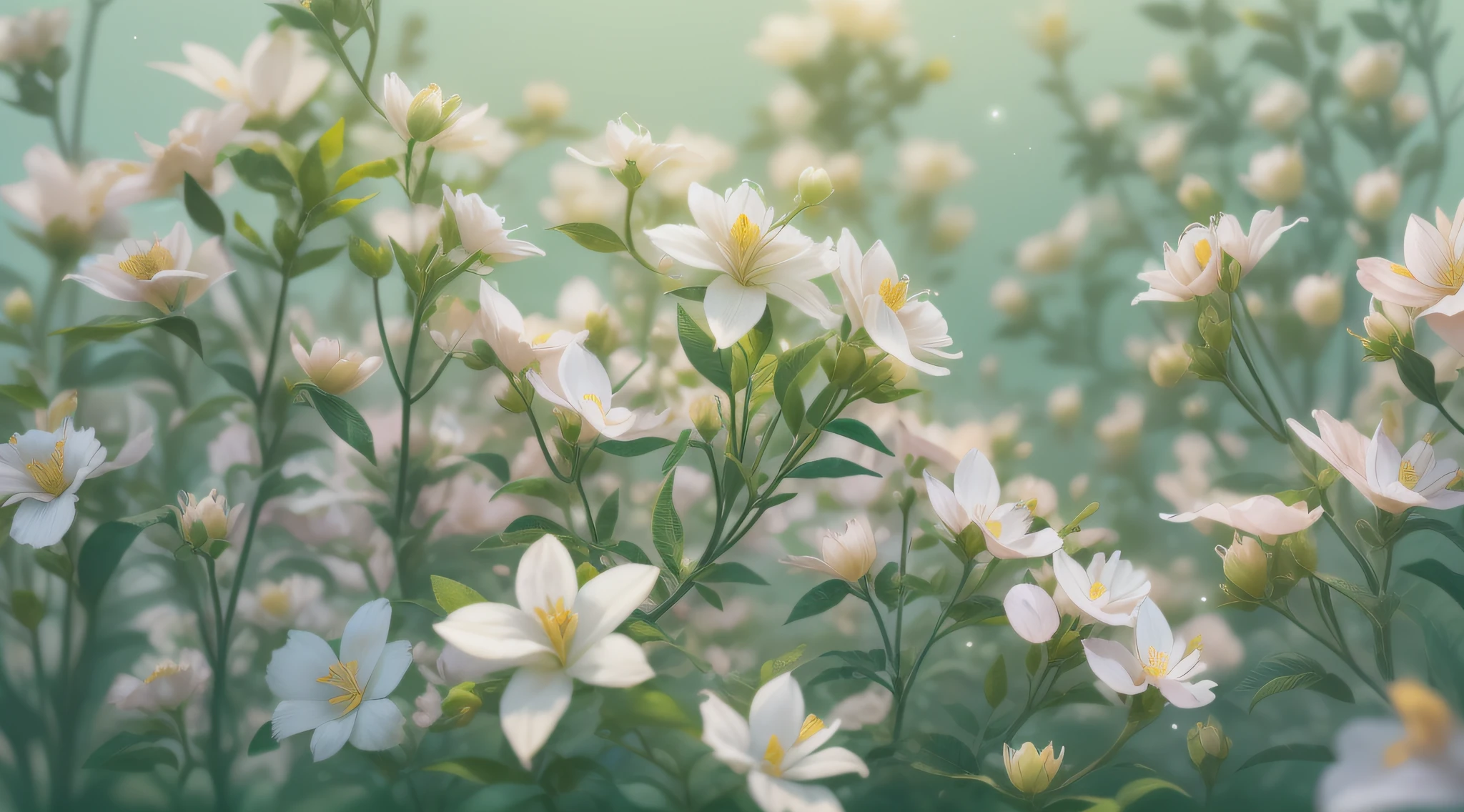 100 jasmine flowers on light green background,surrealism, hyper photorealism, Chiaroscuro, Depth of field, JPEG artifacts, Wide shot, Perspective, Atmospheric perspective, in a panoramic view, Lens flare, hyper HD, Masterpiece, ccurate,cyber punk style,The horizontal line is located in the upper third of the picture。