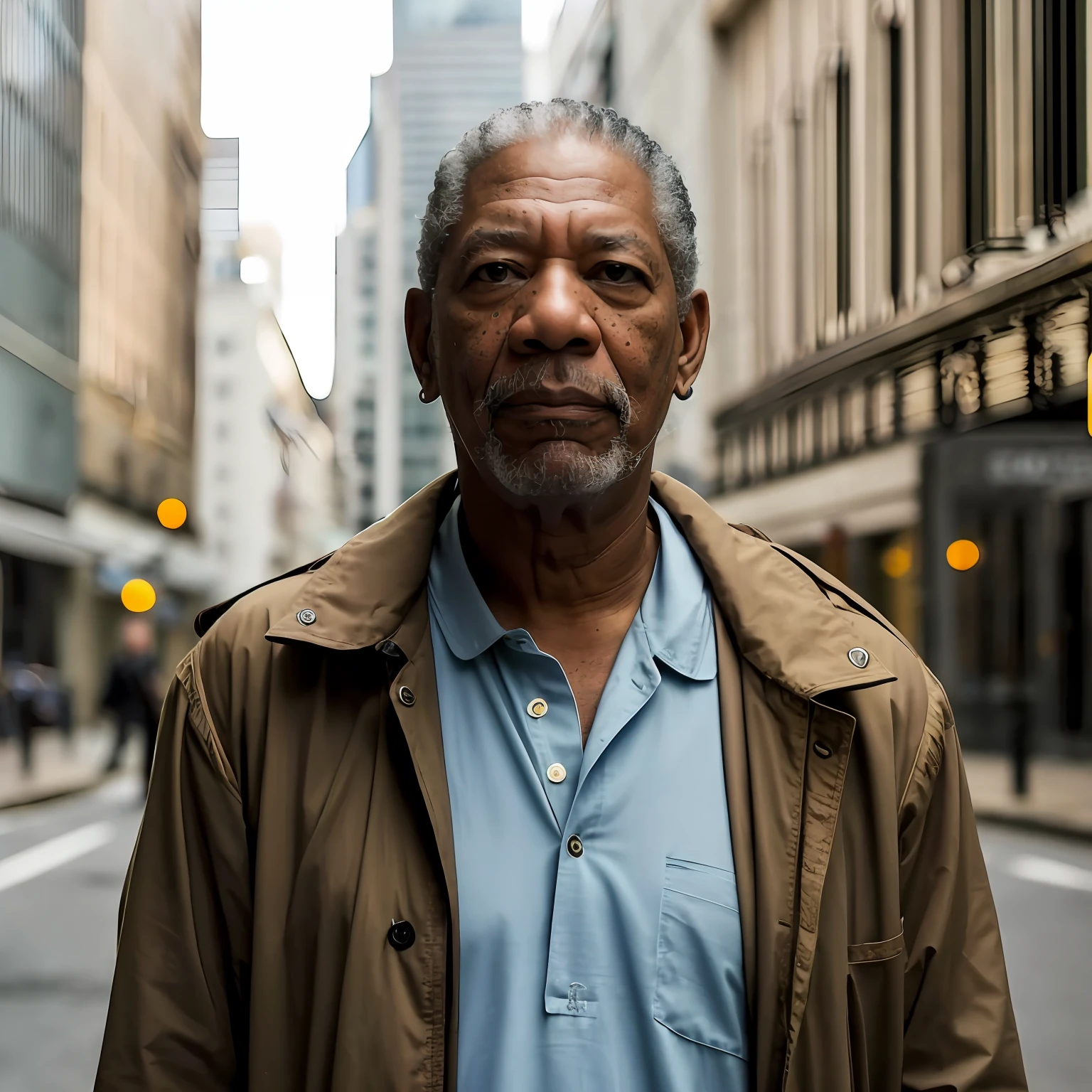 There is a man standing in the street in the city, standing in a city street, foto de um homem, homem andando pela cidade, foto do retrato de um homem velho, cinematic portrayal, Morgan Freeman como Gordon Freeman, Retrato tirado 8 K, foto de retrato detalhada, retrato de alta qualidade, cinematic headshot portrait, homem de meia-idade, Retrato de Morgan Freeman, does not wear earrings, sem brincos, orelhas normais sem brincos