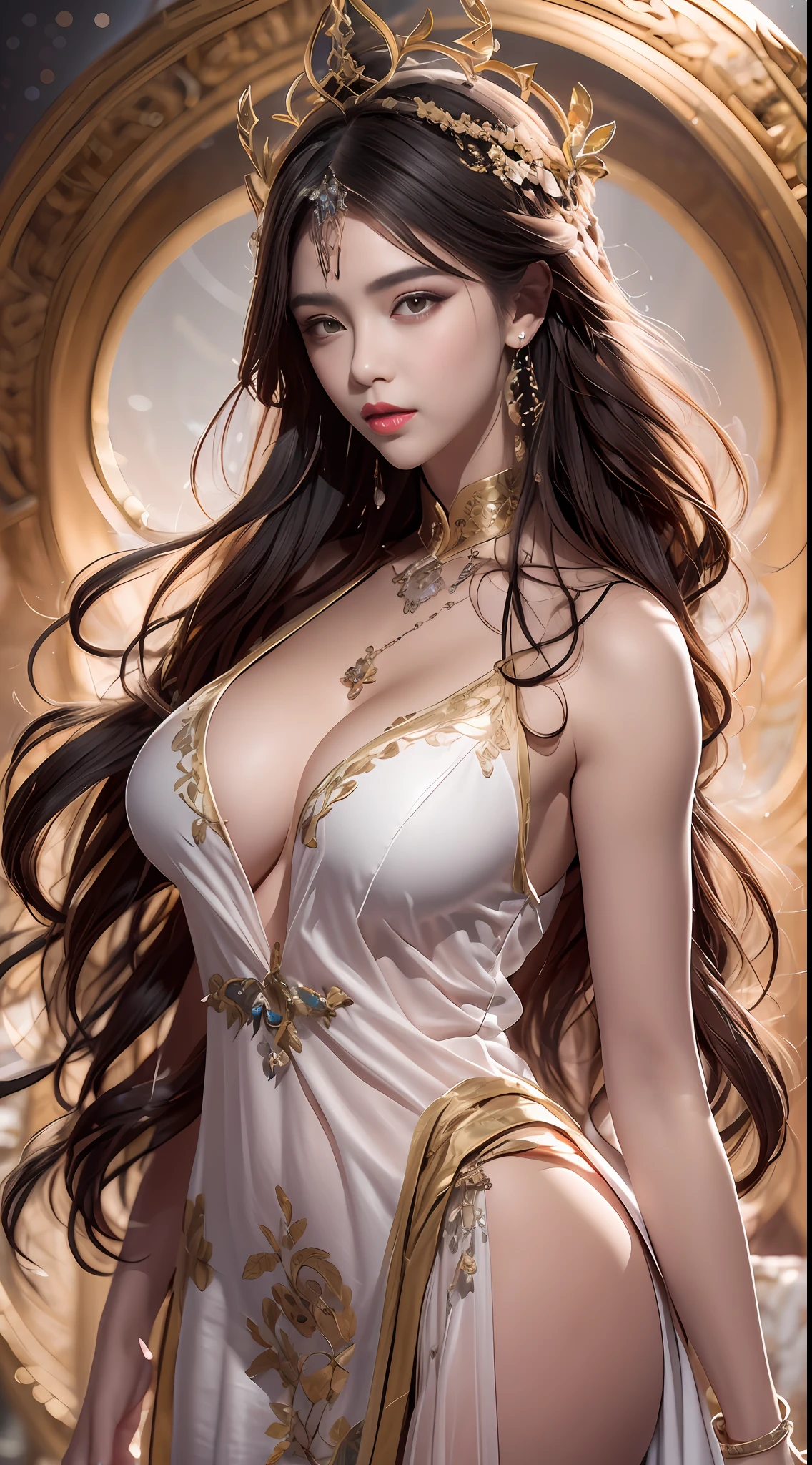 Portrait of a young 20-year-old saint, a saint with a beautiful and super cute face,wearing a very thin and sexy ao dai, beautiful cute face, Ao dai with a deep slit in the chest and attractive black and white lace trim, beautiful face without blemishes, Lovely smile, ((7-color hair length:1.2)), big crown, hair brooch, hanfu dress, chinese ancient style, full body jewelry, forehead tattoo, The female saint's breasts are round and very full, breast augmentation, innocent face, The most beautiful and detailed light red lipstick, ((Thin plump lips:0.3)), delicate pink and white eyes (white and detailed) cinematic, light and dark, dramatic lighting, magical light, extremely detailed light, true color, super sharp, realistic, 8k quality, fantasy universe background, saints and magical space, the most detailed images, Solo, a saintess, ((looking directly at the saint's upper body:0.4)), ((smooth skin:0.5)),