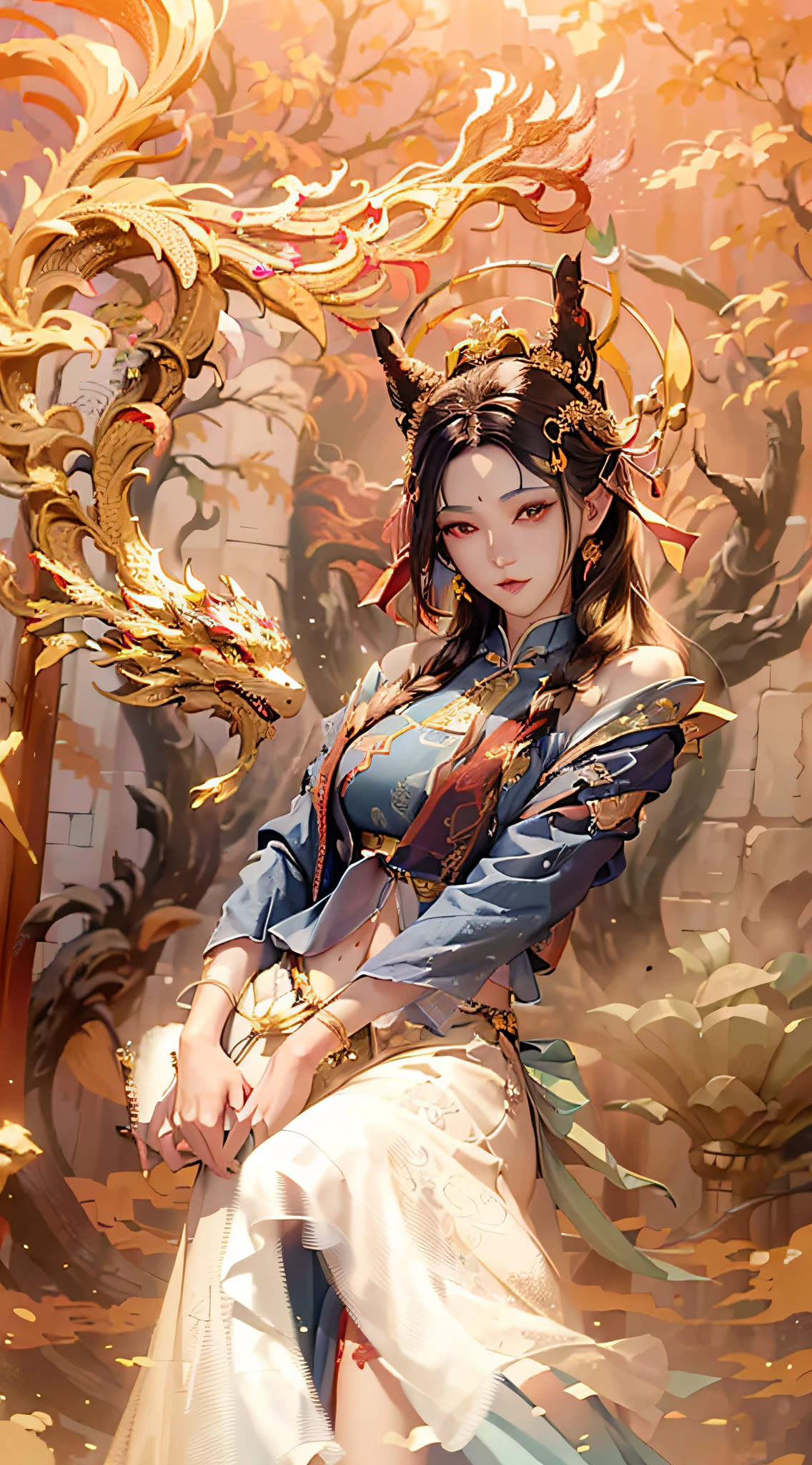 (RAW photos, best quality), (realistic, Photo Realism: 1.3), Extremely Refined and Beautiful, Amazing, Fine Detail, Masterpiece, Ultra Detail, High Resolution, (Best Illustration), (Best Shadow), Intricate, (in a crimson gold Chinese dragon, surrounded by gold dust, black flowers, trees, petals, wind, God, long wavy body, fangs, fantasy, mythology, high quality, highly detailed, masterpiece, epic, particle effects, dynamic effects, (Dragon: 1.4 in front of), clouds, storms, mountains, sunsets, clear focus, volumetric fog, 8k Ultra HD, DSLR, High quality, (Film grain: 1.4), Fujifilm XT3,Official Art, Unity 8K wallpaper, Ultra detailed, Beautiful and beautiful, Best quality, (Zen entanglement, tangled, entangled), (fractal art: 1.4), 1 girl, brunette hair, Chinese, bare shoulders, short skirt, calf, navel, very detailed, dynamic angle, denim lens, (most beautiful chaotic shape), flow, (bright colors), OC, (half: 1.2), china, (tape: 1.3), (Dream: 1.5), (Hanfu: 1.5), Chinese Dragon, (Smile: 0.5), (Chinese God), Realistic, Ultra High Resolution, Complex, Ultra Detailed, (Skin Dents), Female, Detailed Body, (Detailed Face: 1.1), (Contoured Iris), (Watercolor Lenses), (Perfect Eyes), 4K, Gorgeous, (Masterpiece: 1.2), (Best Quality: 1.2), Wide Buttocks, Thick Thighs, (Big Tits: 1.2) and (Big Tits: 1.2), Debauchery, Seductive pose.