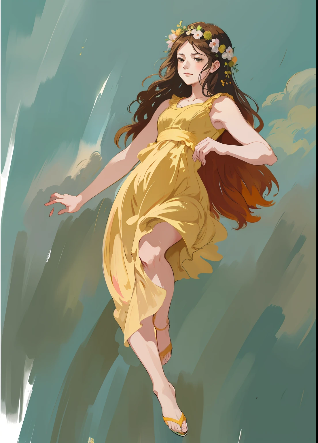 A painting of a woman in a yellow dress floats in the air, drawn in anime painter studio, color study, speedpaint, made with anime painter studio, greek myth digital painting, # 1 digital paintting of all time, #1 digital paintting of all time, digital painting style, pose study, speedpainting, pudica gesture bouguereau style