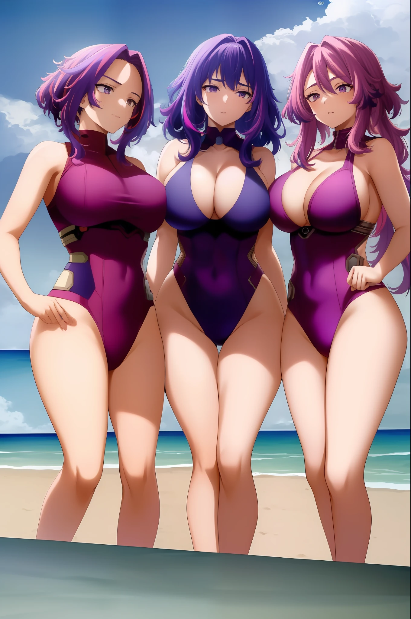 scan, (extremely detailed CG unity 8k wallpaper:1.1), highres, (3girls, identical triplets, clones), lady nagant, boku no hero academia, (purple hair, matching hairstyles), (multicolored hair), (purple eyes), breasts, beach, purple bikini, matching outfit