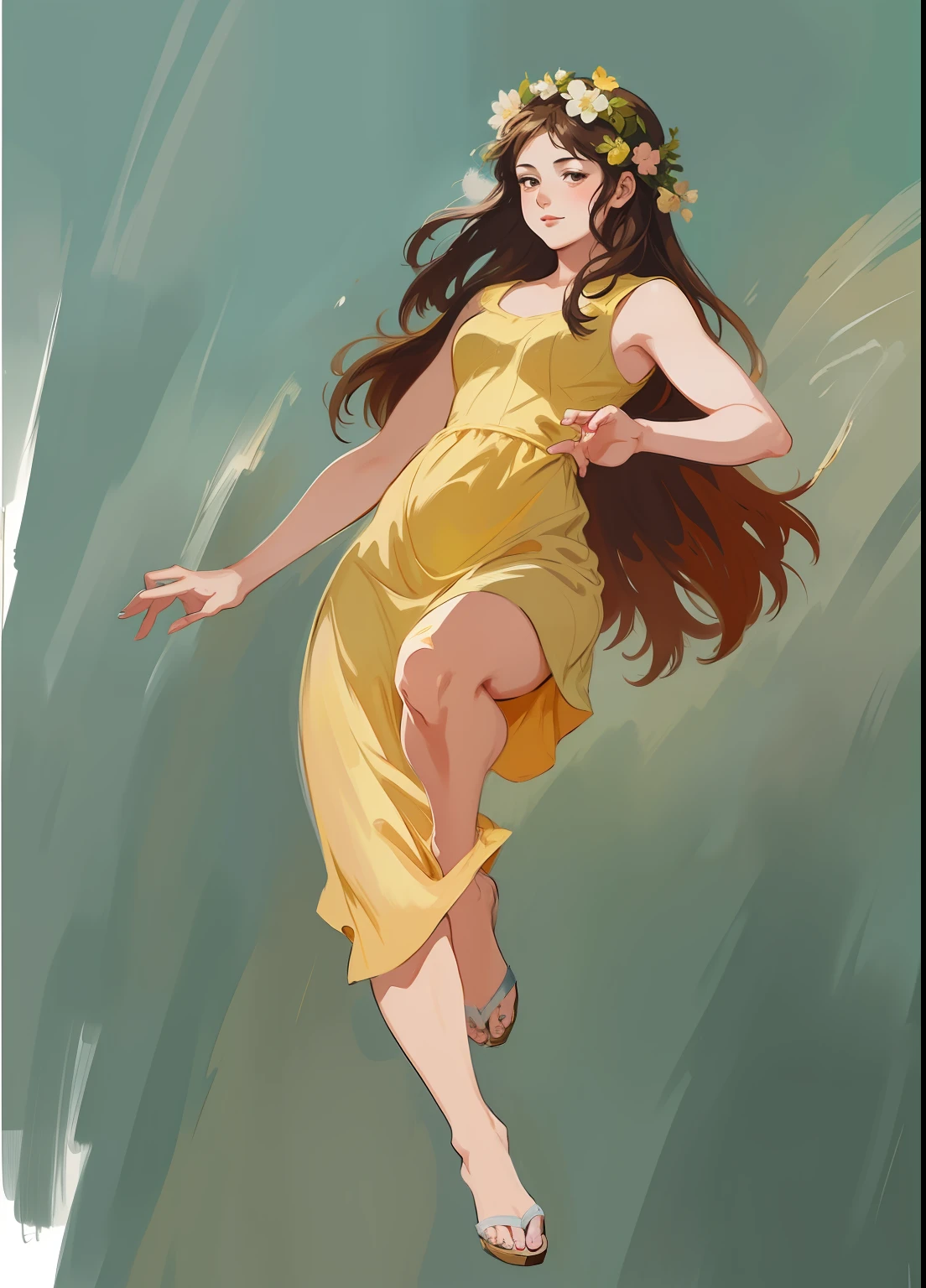 A painting of a woman in a yellow dress floats in the air, drawn in anime painter studio, color study, speedpaint, made with anime painter studio, greek myth digital painting, # 1 digital paintting of all time, #1 digital paintting of all time, digital painting style, pose study, speedpainting, pudica gesture bouguereau style