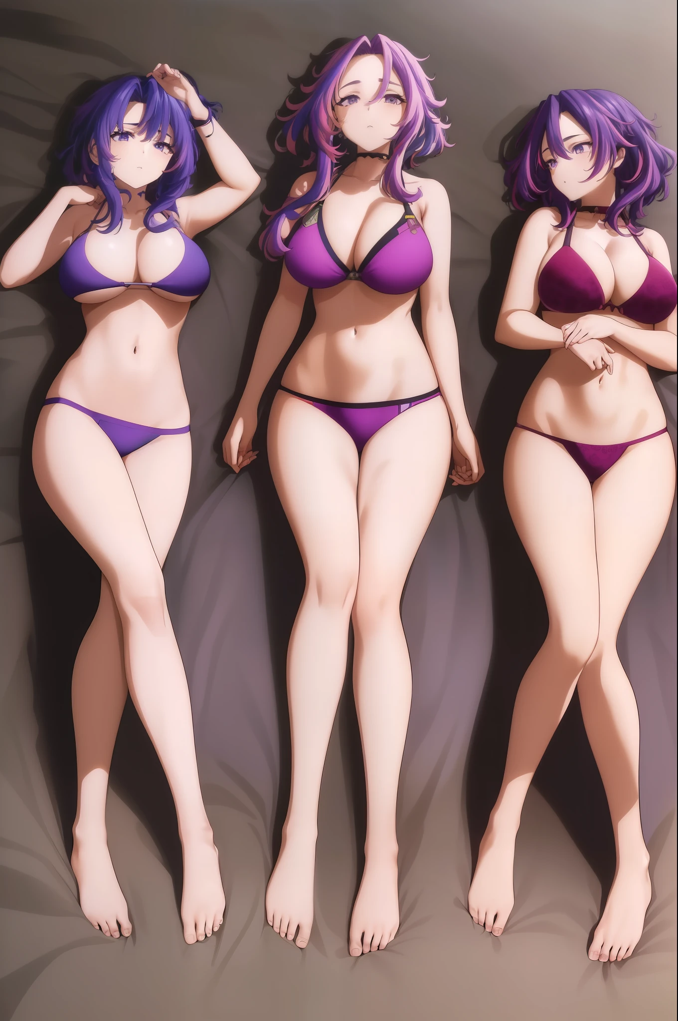 scan, (extremely detailed CG unity 8k wallpaper:1.1), highres, (3girls, identical triplets, clones), lady nagant, boku no hero academia, (purple hair, matching hairstyles), (multicolored hair), (purple eyes), breasts, beach, (purple bikini, matching outfit), barefoot