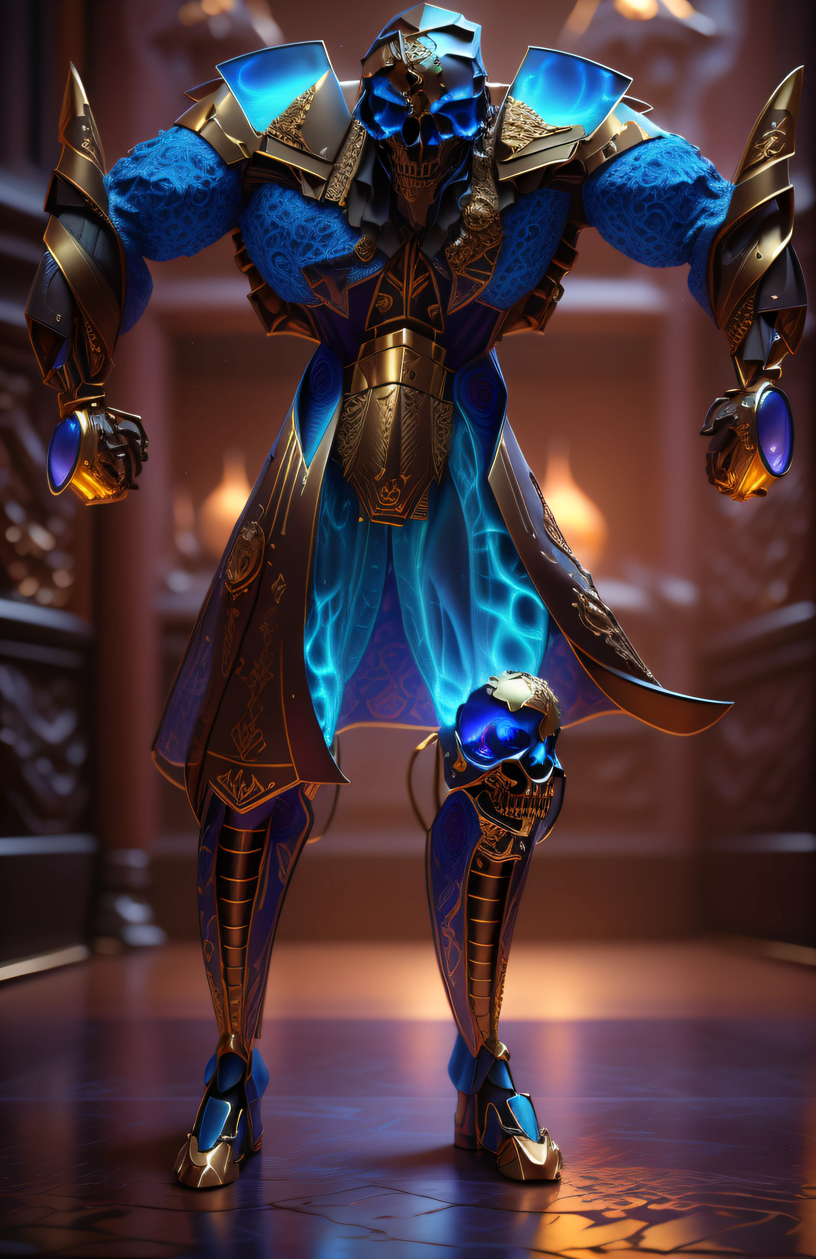 The ominous depiction of a skull-themed pirta, azul-marinho com dourado, pele feita de neon amarelo, 3D-rendering, Hyper-realistic graphics, 3D-rendering, 8k, NVIDIA, RTX 4090 | | | | | | |, ray tracing, Bokeh, Galaxy scenery,