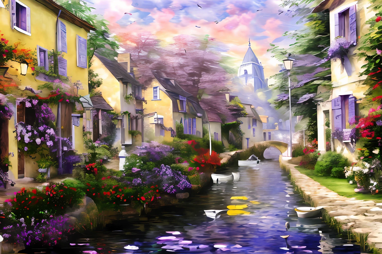 (in 8K、top-quality、​masterpiece:1.2)、(top-quality:1.0)、(超A high resolution:1.0)、watercolor paiting、white walls、window、Colorful flowers entangled in the wall々、Purple shadow of impressionism、extremely luminous bright design、PastelColors、France