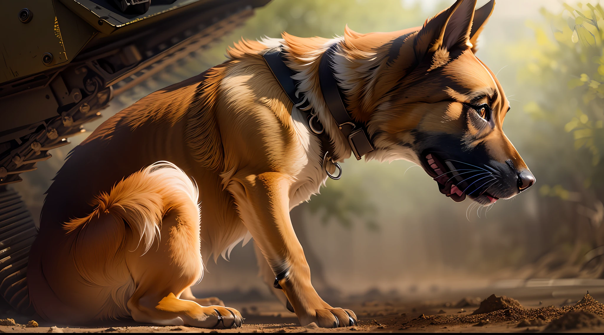 side view, dramatic light, a dog is crawling under a tank, k9, the photo shows a large, intense knowledge, shutterstock, canine, impeccable military composure, afp, marine, special forces security, interesting shot, by Bernard Meninsky, dog, intense moment, intense scene