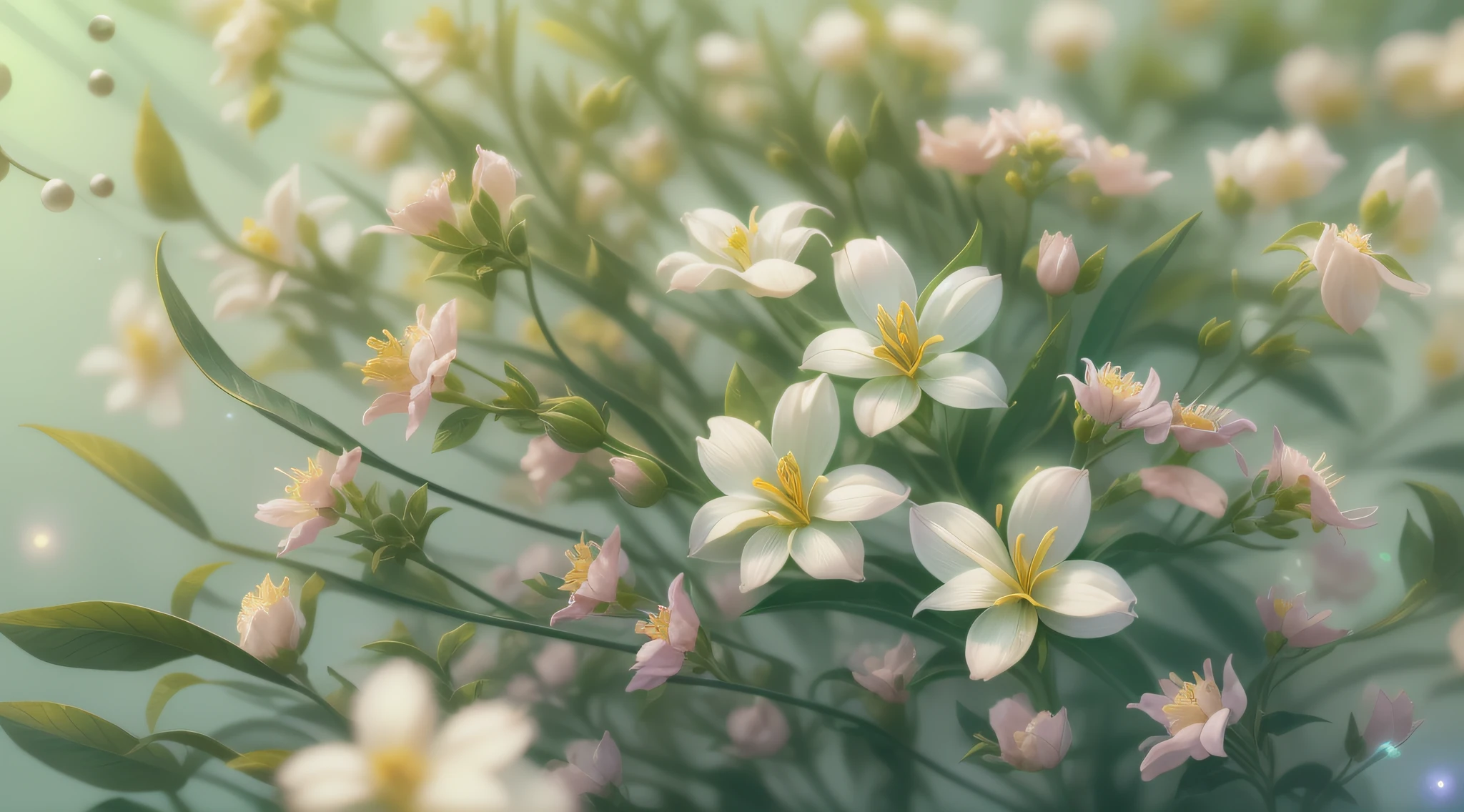 100 jasmine flowers on light green background,surrealism, hyper photorealism, Chiaroscuro, Depth of field, JPEG artifacts, Wide shot, Perspective, Atmospheric perspective, in a panoramic view, Lens flare, hyper HD, Masterpiece, ccurate,cyber punk style,The horizontal line is located in the upper third of the picture。