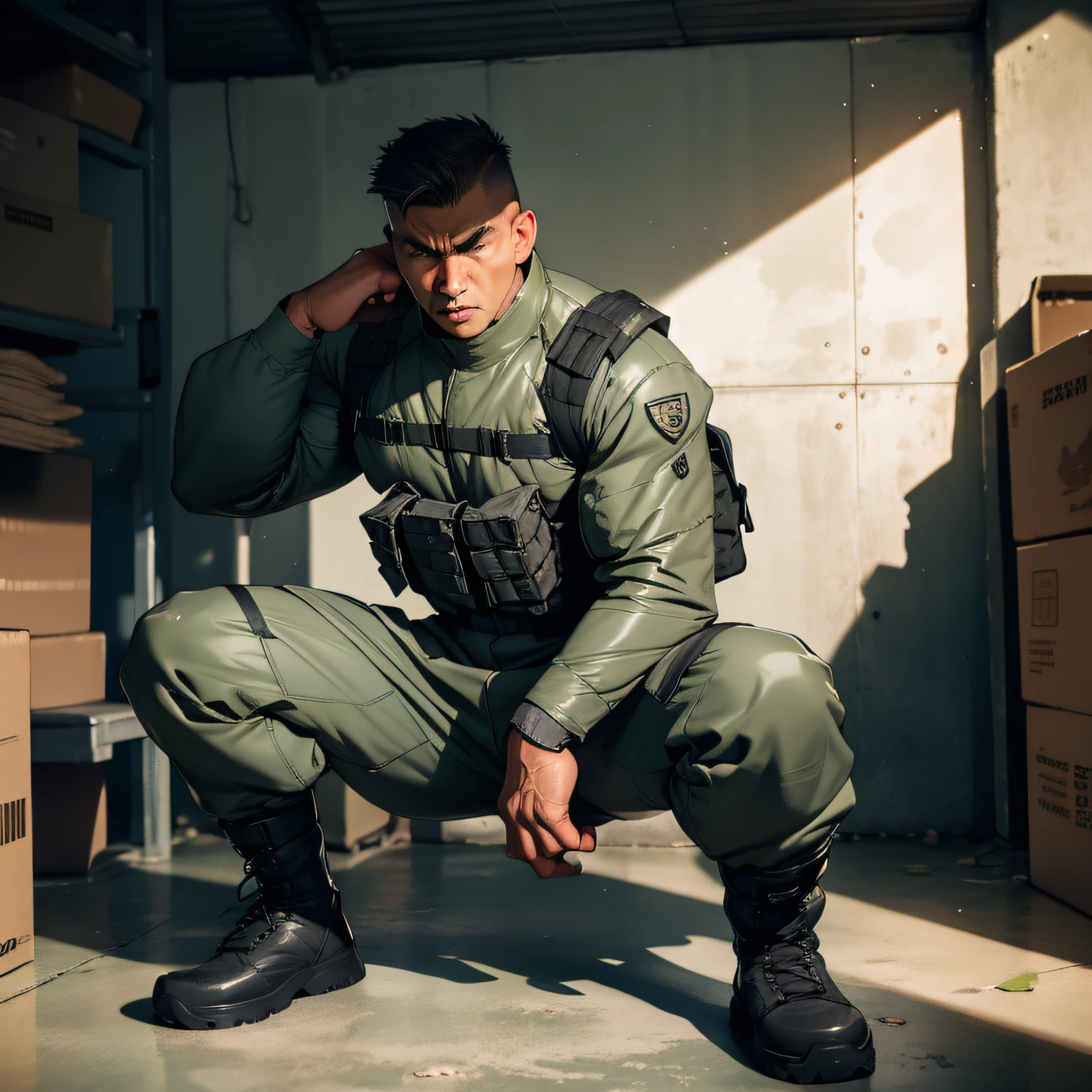 miltary, Brave image,Combat posture,校服, Precise detail, Tense atmosphere, Barracks scene，musculature，Tough guy，Boots。