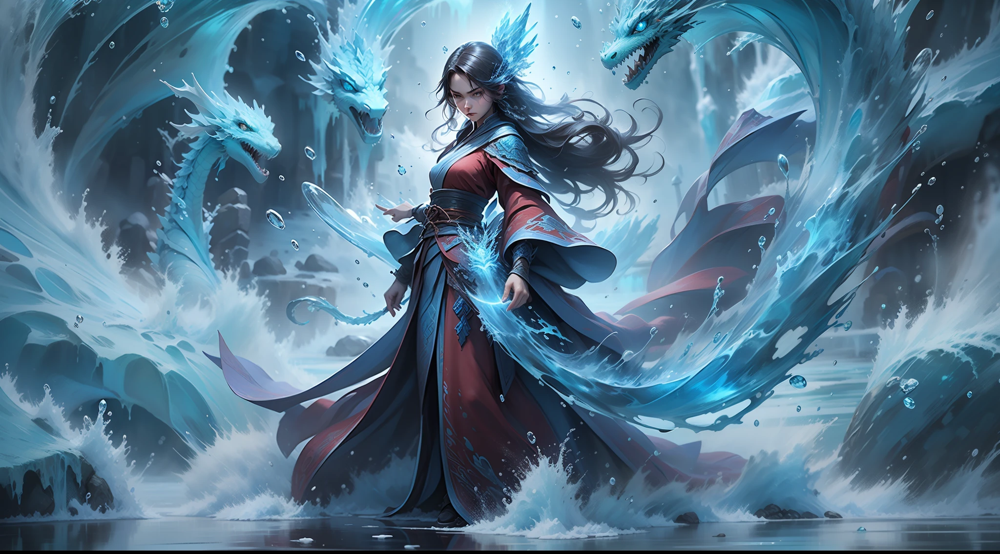 Q version 3 years old（Red robe：1.4）Baby girl standing in front of a transparent blue water dragon，crystal-clear，Eau，water flowing，drippy，Around the girl，Combines the power of water and ice elements，Create powerful ice storms，Freeze surrounding enemies and deal extensive freeze damage。