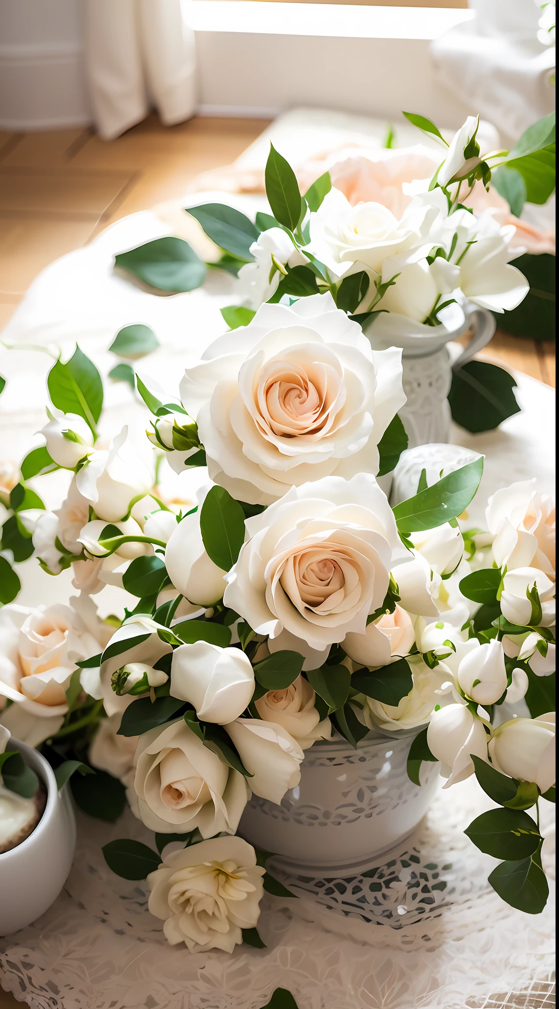 There are two roses in a pot on the ground, natural point rose', Rozen Maiden, rose twining, White roses, pastel roses, rosette, a few roses, Rose, Rose garden, Incredibly beautiful, full bloom, light pink tonalities, soft white glow, beautifully, denis velleneuve, !!Natural beauty!!, taken with canon 8 0 d