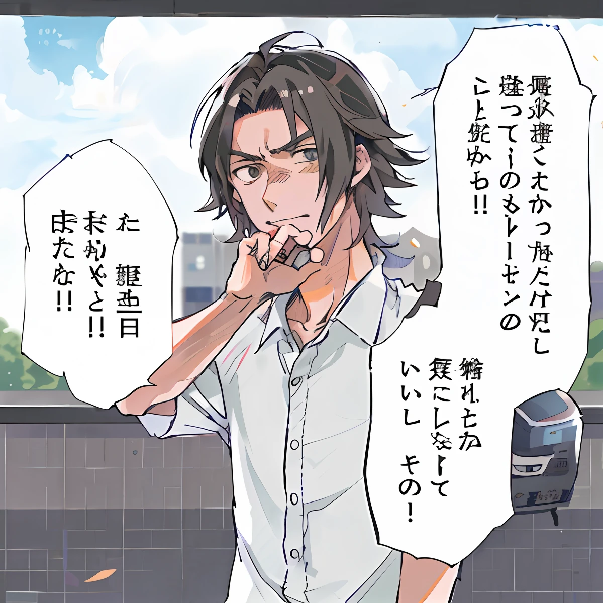 Holding a sign in your hand、Anime character with parking meter in background, miura kentaro!, Kentaro Miura Manga Art Style, with index finger, kentaro miura manga style, manga style of kentaro miura, ( ( ( yoshinari yoh ) ) ), zerochan, kentaro, by Naka Bokunen