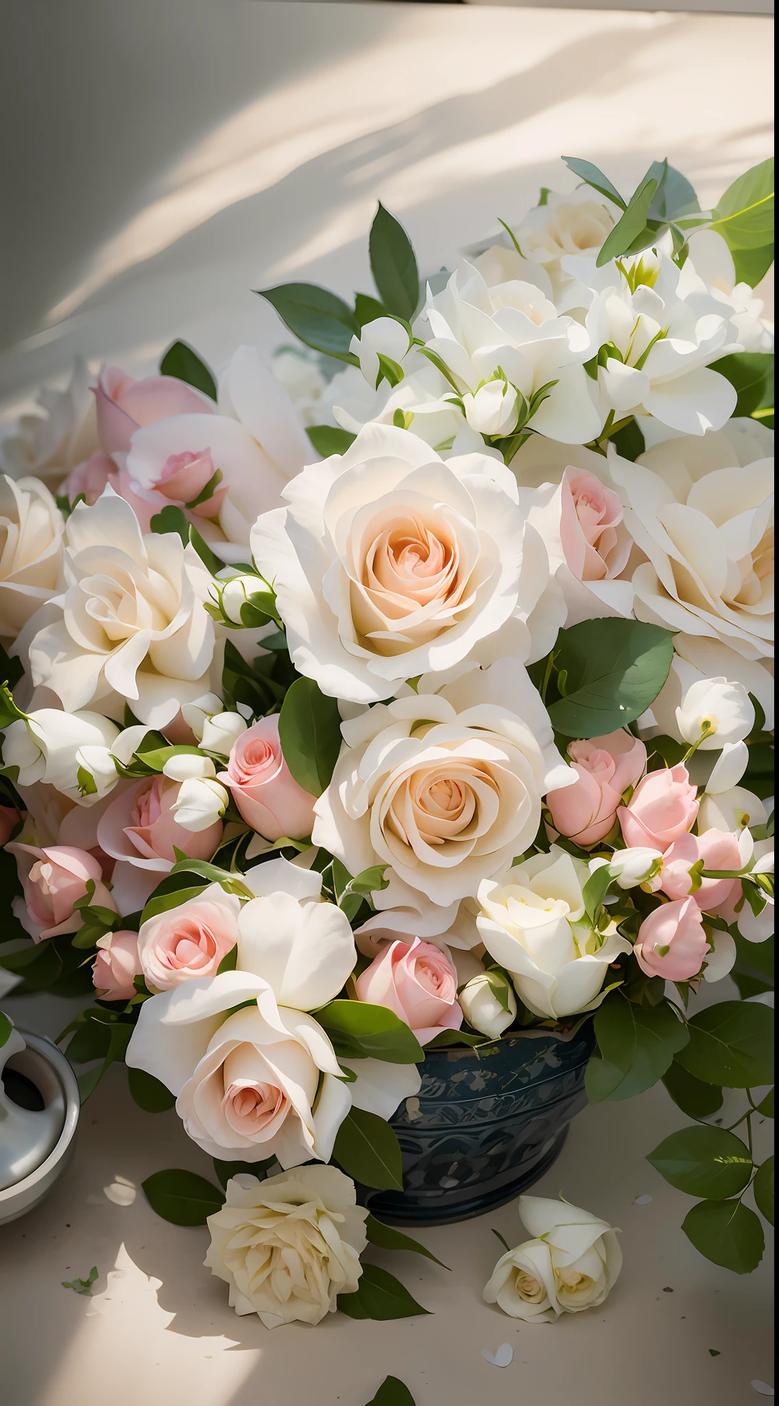 There are two roses in a pot on the ground, natural point rose', Rozen Maiden, rose twining, White roses, pastel roses, rosette, a few roses, Rose, Rose garden, Incredibly beautiful, full bloom, light pink tonalities, soft white glow, beautifully, denis velleneuve, !!Natural beauty!!, taken with canon 8 0 d