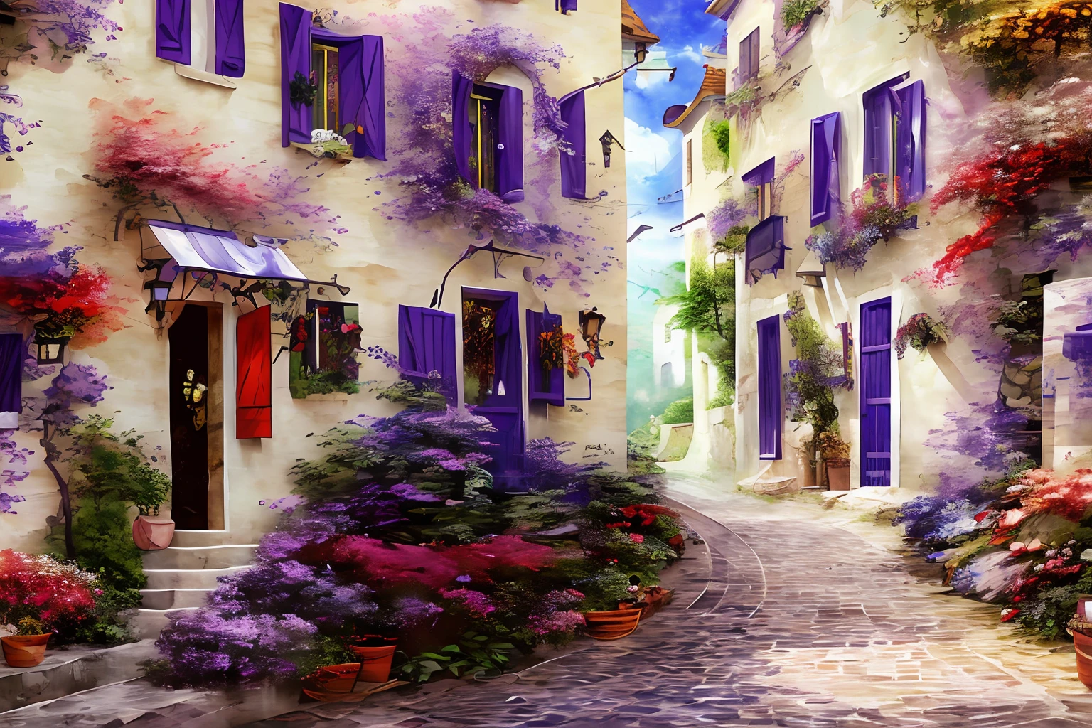 (in 8K、top-quality、​masterpiece:1.2)、(top-quality:1.0)、(超A high resolution:1.0)、watercolor paiting、white walls、window、Colorful flowers entangled in the wall々、Purple shadow of impressionism、extremely luminous bright design、PastelColors、France