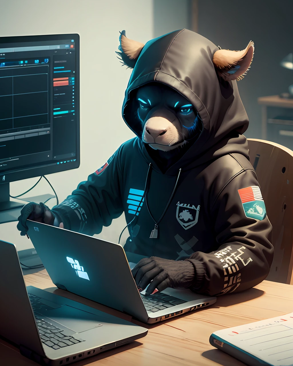 /imagine prompt:/imagine prompt:um hacker Buffalo ( animal ) usando roupas, mexendo em um notebook, with the chart indicators screen pointing upwards, with multiple laptops connected. Ultra realista, 8k.