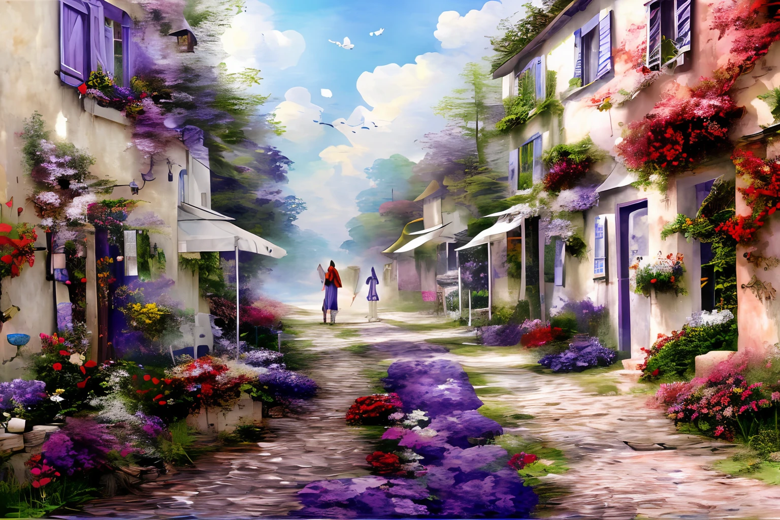 (in 8K、top-quality、​masterpiece:1.2)、(top-quality:1.0)、(超A high resolution:1.0)、watercolor paiting、white walls、window、Colorful flowers entangled in the wall々、Purple shadow of impressionism、extremely luminous bright design、PastelColors、France