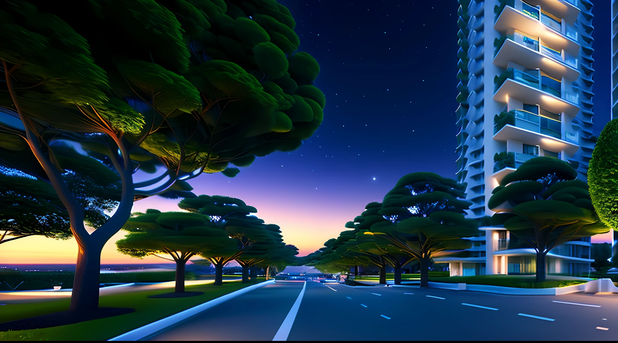 city at night, muitos condominios, Grande Avenida, luzes brilhantes, Luzes da cidade, lua cheia, green trees, Arbustos, 4k