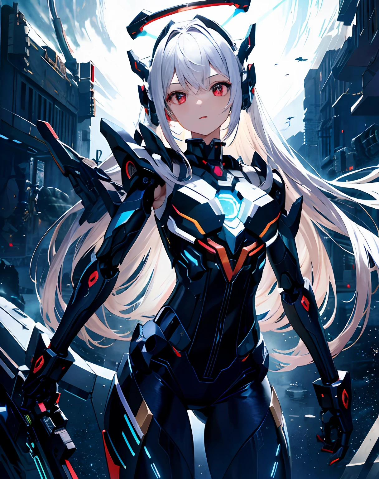 tmasterpiece，best qualtiy，ultra - detailed，very detailed illustration，The is very detailed，Complicated details，A high resolution，super complex detail，Very detailed 8k CG wallpaper，cowboy lens，Caustics，Reflectors，Ray traching，Demon Theme，Starcloud，cyber effect,(1girll:1.4),Solo,Alone,Mecha musume,mechanicalparts,robotjoints,single mechanical arm,Headgear,Mechanical Aura,Star halo,electric mechanical bodysuit,mecha corset,komono,Full armor,Very long hair,White hair , Hair between both eyes, Colorful hair, Colored inner hair, Red eyes,Delicate eyes, Eye trajectories, Random expressions, Random actions, Ancient Japanese architecture, ponds, starrysky, skylines,mechs，standing on your feet，Nothing overhead，Domineering