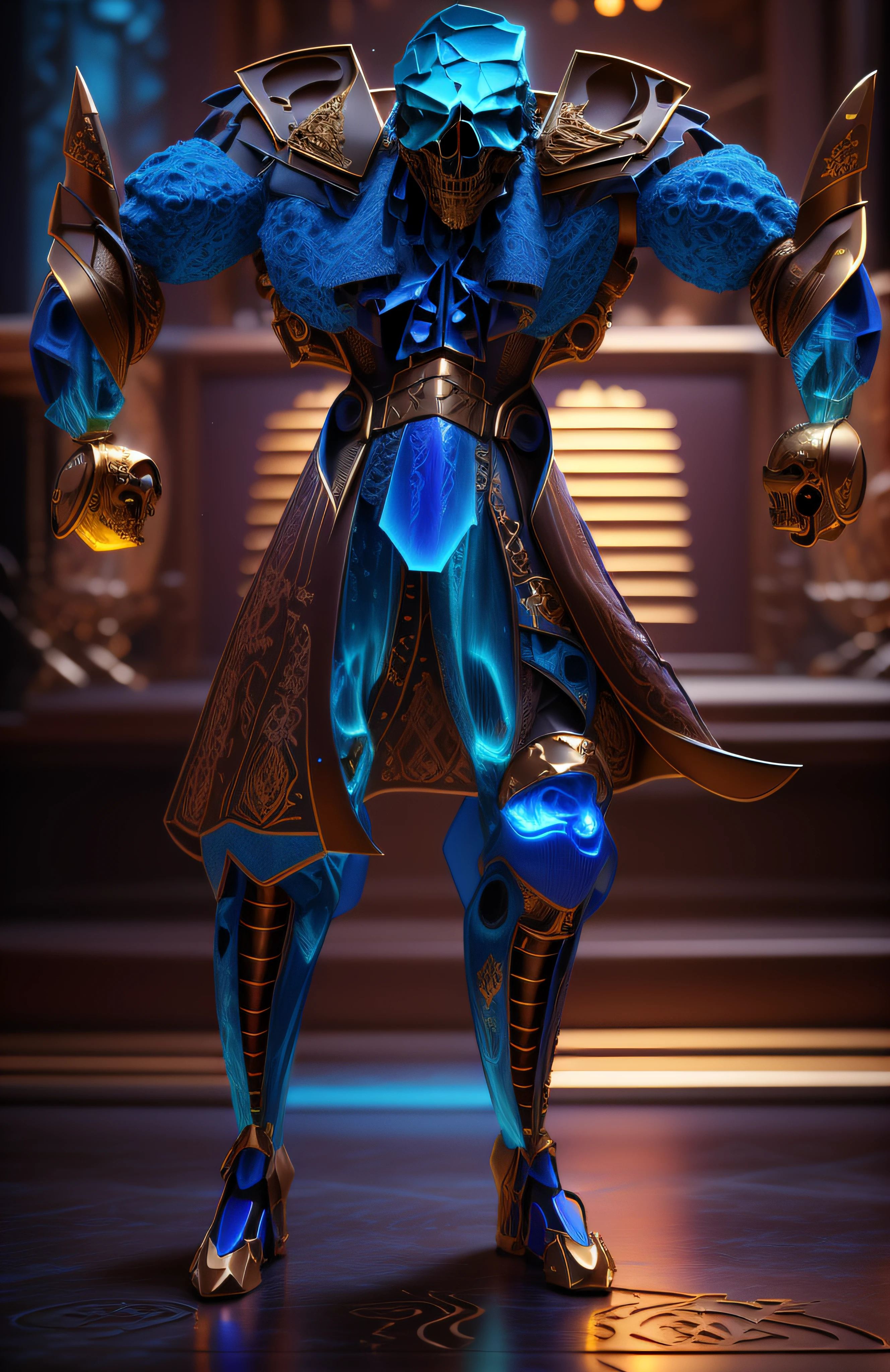The ominous depiction of a skull-themed pirta, azul-marinho com dourado, pele feita de neon amarelo, 3D-rendering, Hyper-realistic graphics, 3D-rendering, 8k, NVIDIA, RTX 4090 | | | | | | |, ray tracing, Bokeh, Galaxy scenery,