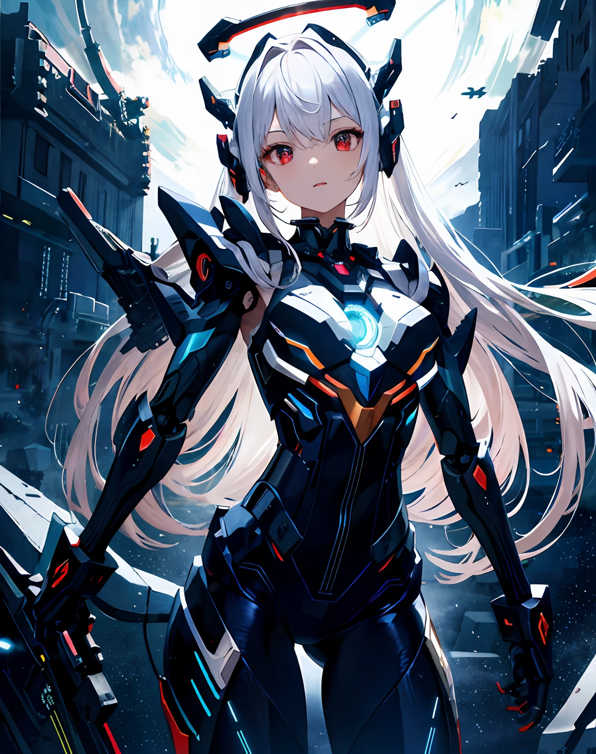 tmasterpiece,best qualtiy,ultra - detailed,very detailed illustration,The is very detailed,Complicated details,A high resolution,super complex detail,Very detailed 8k CG wallpaper,cowboy lens,Caustics,Reflectors,Ray traching,Demon Theme,Starcloud,cyber effect,(1girll:1.4),Solo,Alone,Mecha musume,mechanicalparts,robotjoints,single mechanical arm,Headgear,Mechanical Aura,Star halo,electric mechanical bodysuit,mecha corset,komono,Full armor,Very long hair,White hair , Hair between both eyes, Colorful hair, Colored inner hair, Red eyes,Delicate eyes, Eye trajectories, Random expressions, Random actions, Ancient Japanese architecture, ponds, starrysky, skylines,mechs,standing on your feet,Nothing overhead,Domineering