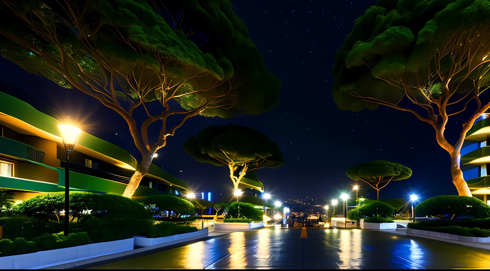 city at night, muitos condominios, Grande Avenida, luzes brilhantes, Luzes da cidade, lua cheia, green trees, Arbustos, 4k
