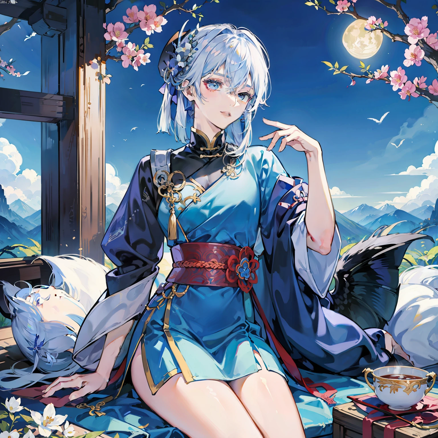 Anime - Stylistic image of a woman in a blue dress sitting on a branch, handsome guy in demon killer art, white-haired god, Inspired by Bian Shoumin, heise jinyao, official fanart, Keqing from Genshin Impact, Inspired by Seki Dosheng, lunar themed attire, Official illustration, onmyoji portrait, offcial art, official character illustration,Fold flowers with the left hand