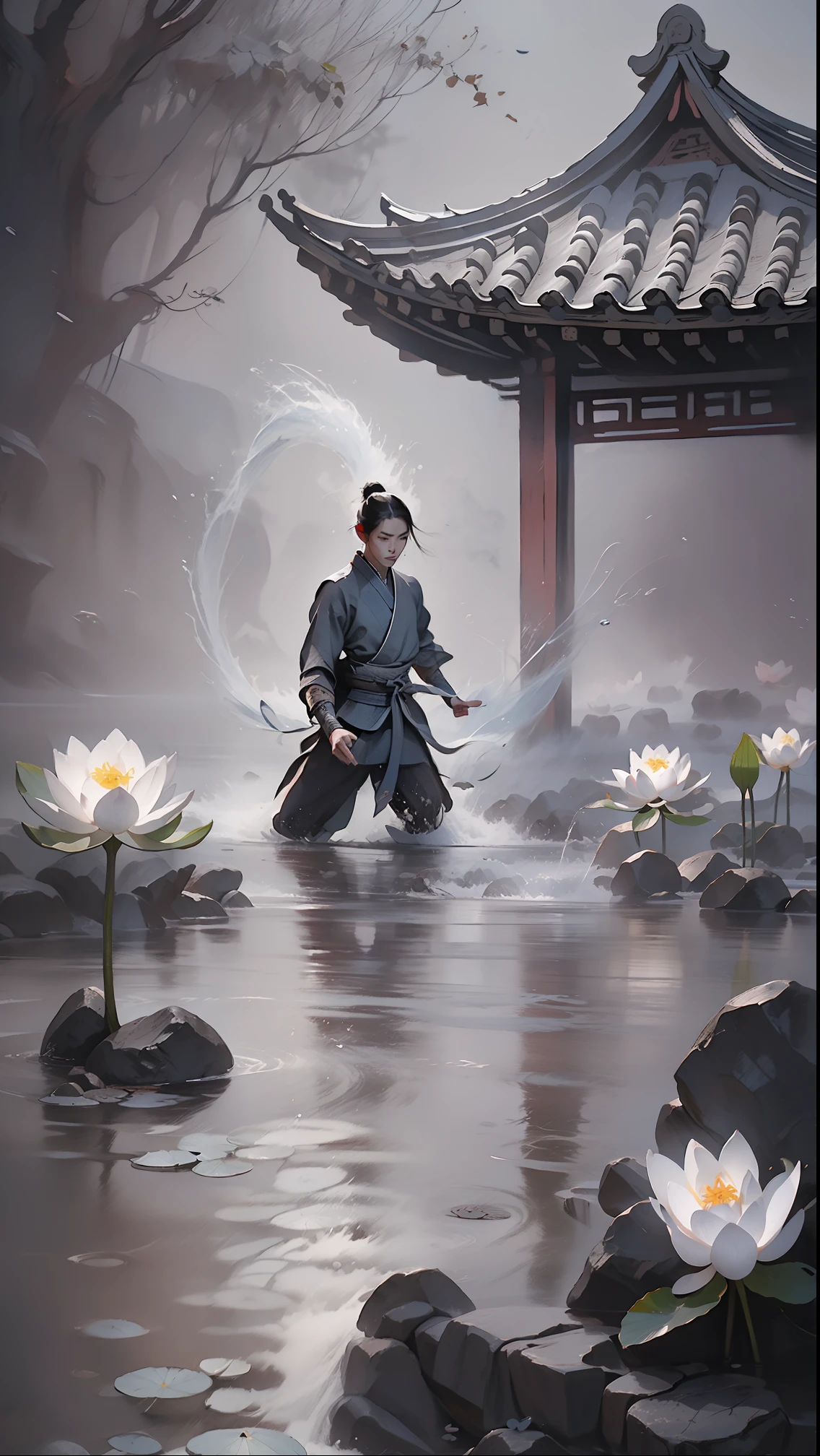 A Chinese martial arts scene featuring water and lotus flowers, rendered in an ink wash style,yushui
minimalist color palette, dramatic brushwork, powerful composition, Canon EOS R5 camera, Fujifilm Acros 100 film, 50mm lens, shallow depth of field, Bruce Lee, Jackie Chan, Jet Li, Alexander McQueen, Guo Pei