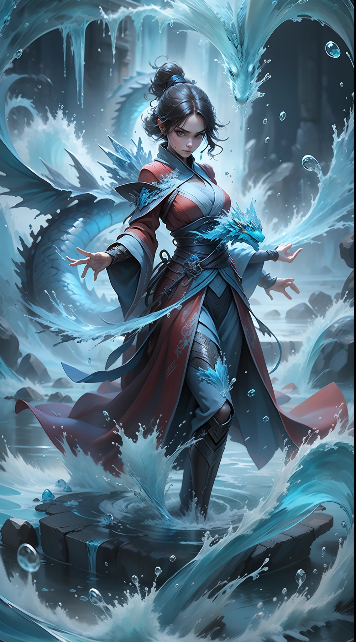 Q version 3 years old（Red robe：1.4）Baby girl standing in front of a transparent blue water dragon，crystal-clear，Eau，water flowing，drippy，Around the girl，Combines the power of water and ice elements，Create powerful ice storms，Freeze surrounding enemies and deal extensive freeze damage。