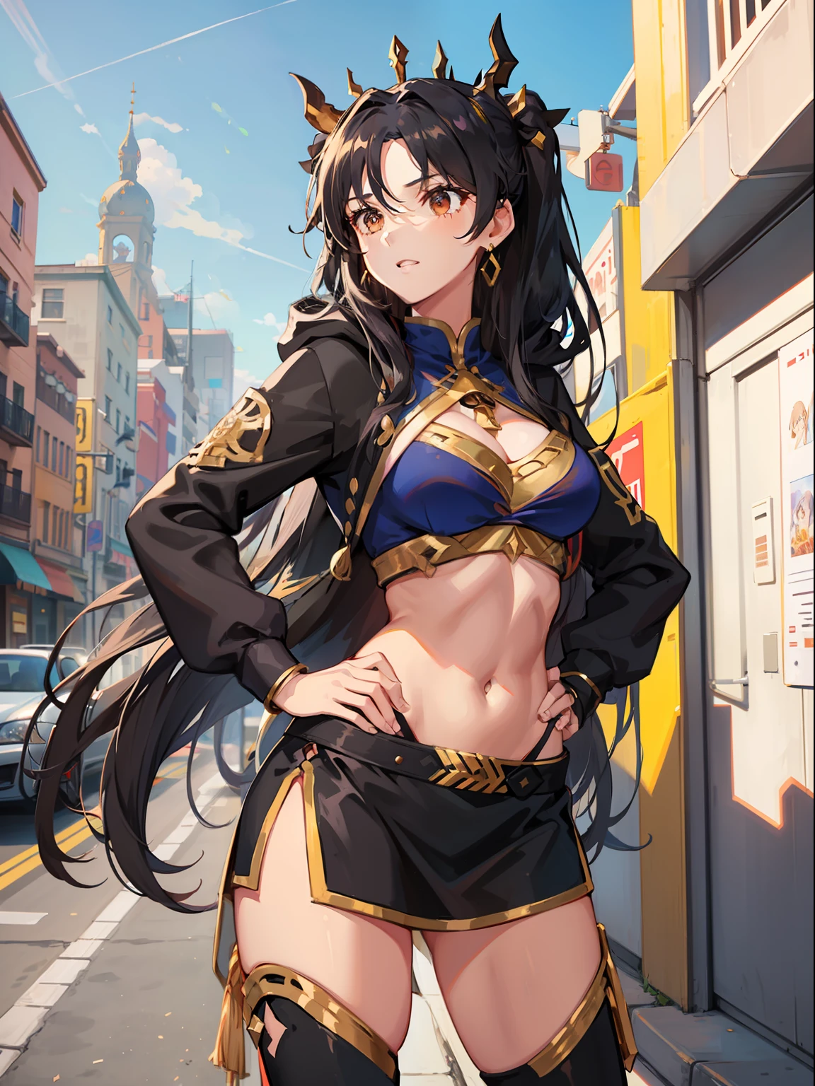 ((ishtar \(fate\))), 1girl,solo, cowboy shot, standing, hand on hip, single thighhigh,cleavage, black_hair,(hoodie),outdoors,street