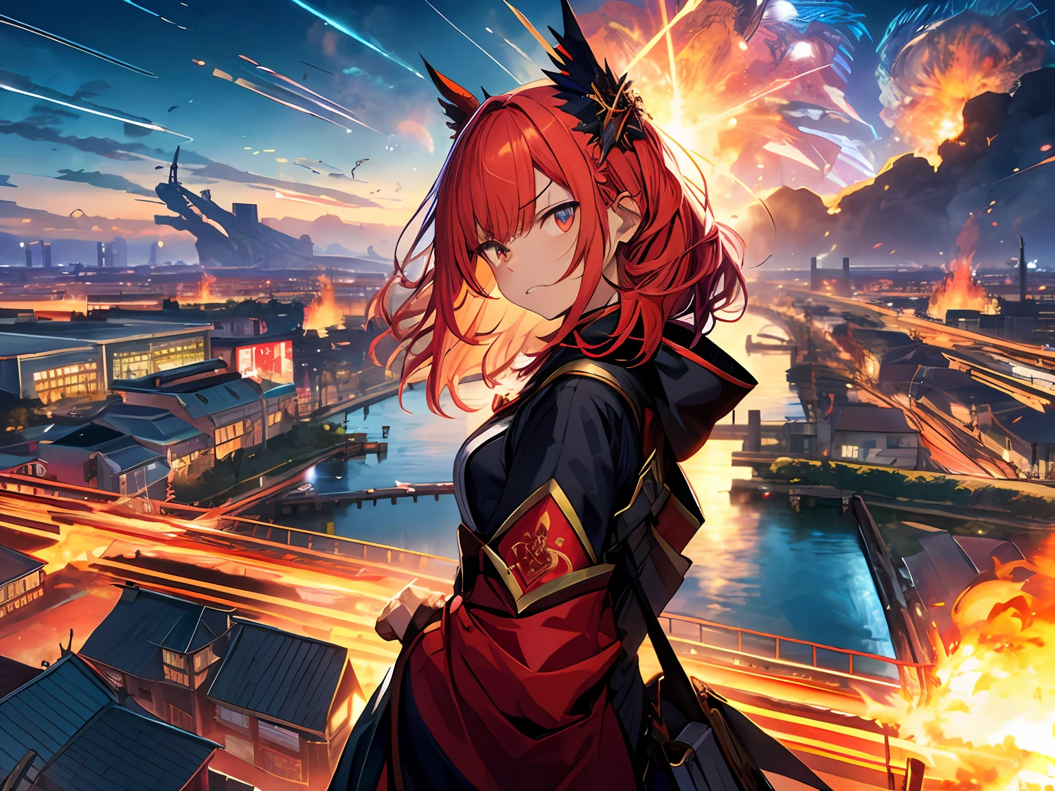 Hyper-detailing，
woman， Red witch cloth， Sad expression，serious，scowling，gritting teeth，From the side Side， highly，panoramic view of a city，
城市， canals， Makufa， firey， blasts， magia，
extremely long shot，Extremely wide lens，