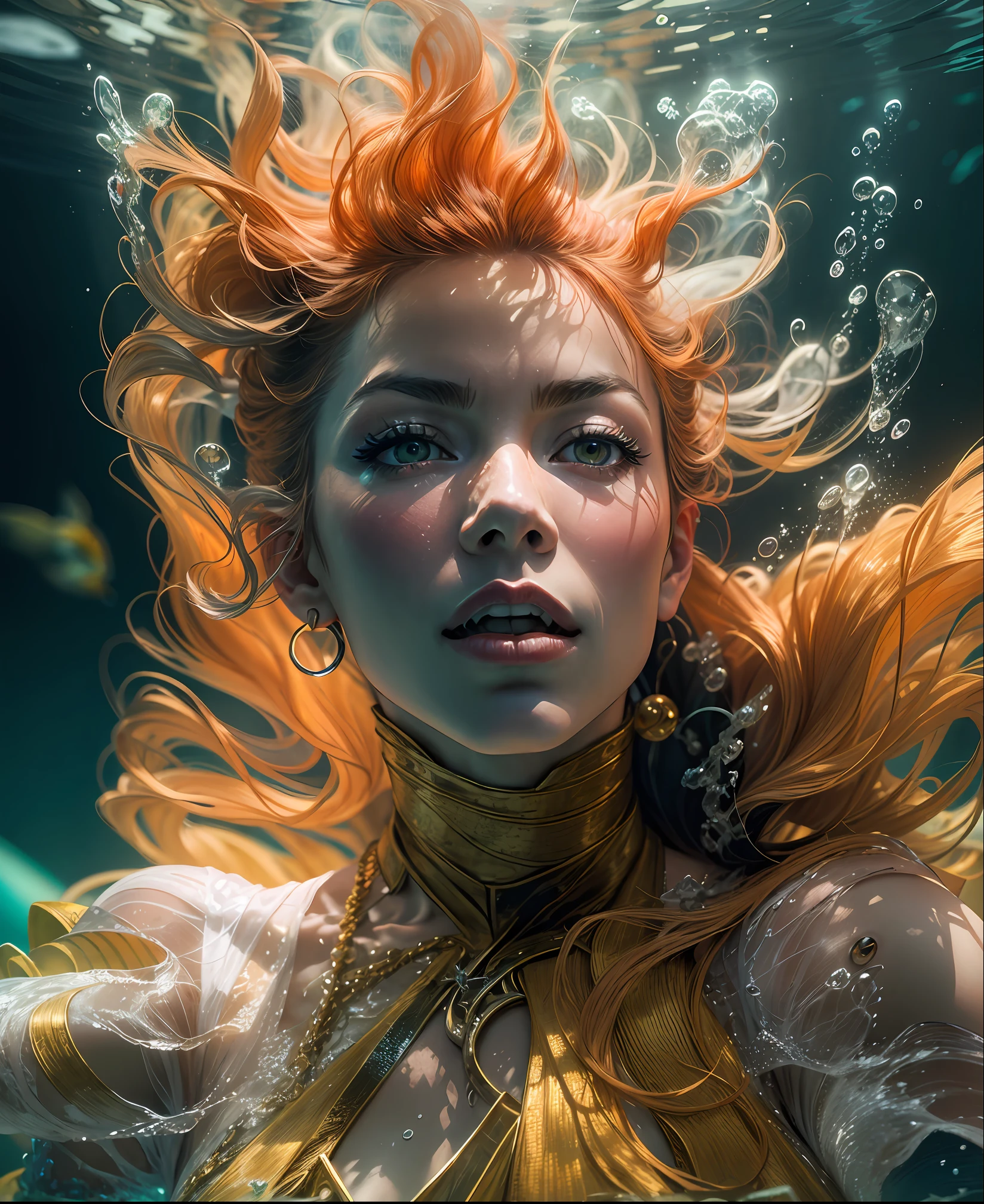 Underwater scene,Water martial artist,Manipulating water, Fish swim around them, The visible Tyndall effect, sun rays shine through the water,Jade water
Fantastic atmosphere, Vibrant colors, graceful movements, Canon EOS R5 camera, Kodak Ektar 100 film, 50mm lens, Shallow depth of field, Cirque du Soleil, David Bowie, bjork, Alexander McQueen, iris van herpen,Panorama Figures