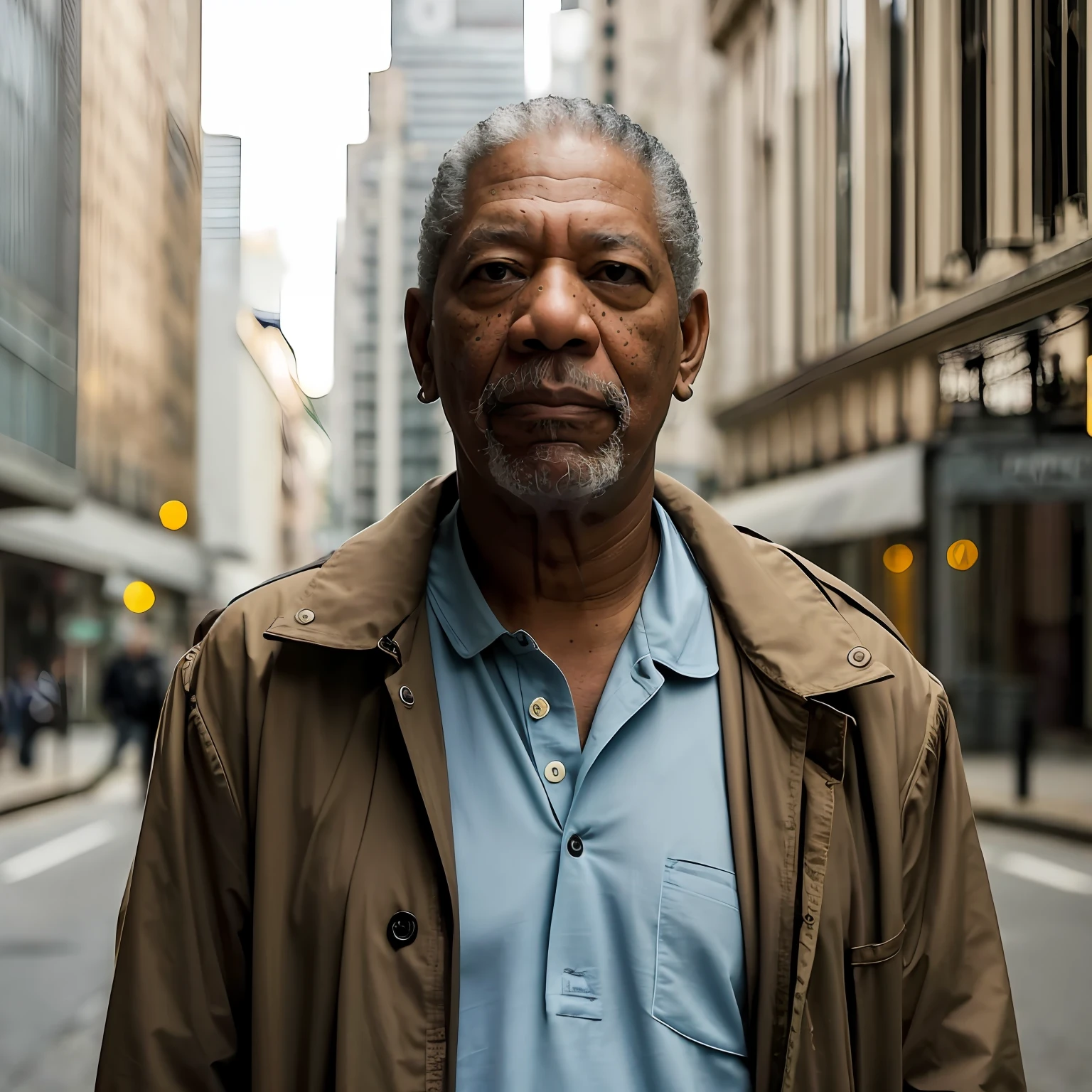 There is a man standing in the street in the city, standing in a city street, foto de um homem, homem andando pela cidade, foto do retrato de um homem velho, cinematic portrayal, Morgan Freeman como Gordon Freeman, Retrato tirado 8 K, foto de retrato detalhada, retrato de alta qualidade, cinematic headshot portrait, homem de meia-idade, Retrato de Morgan Freeman, does not wear earrings, sem brincos, orelhas normais sem brincos