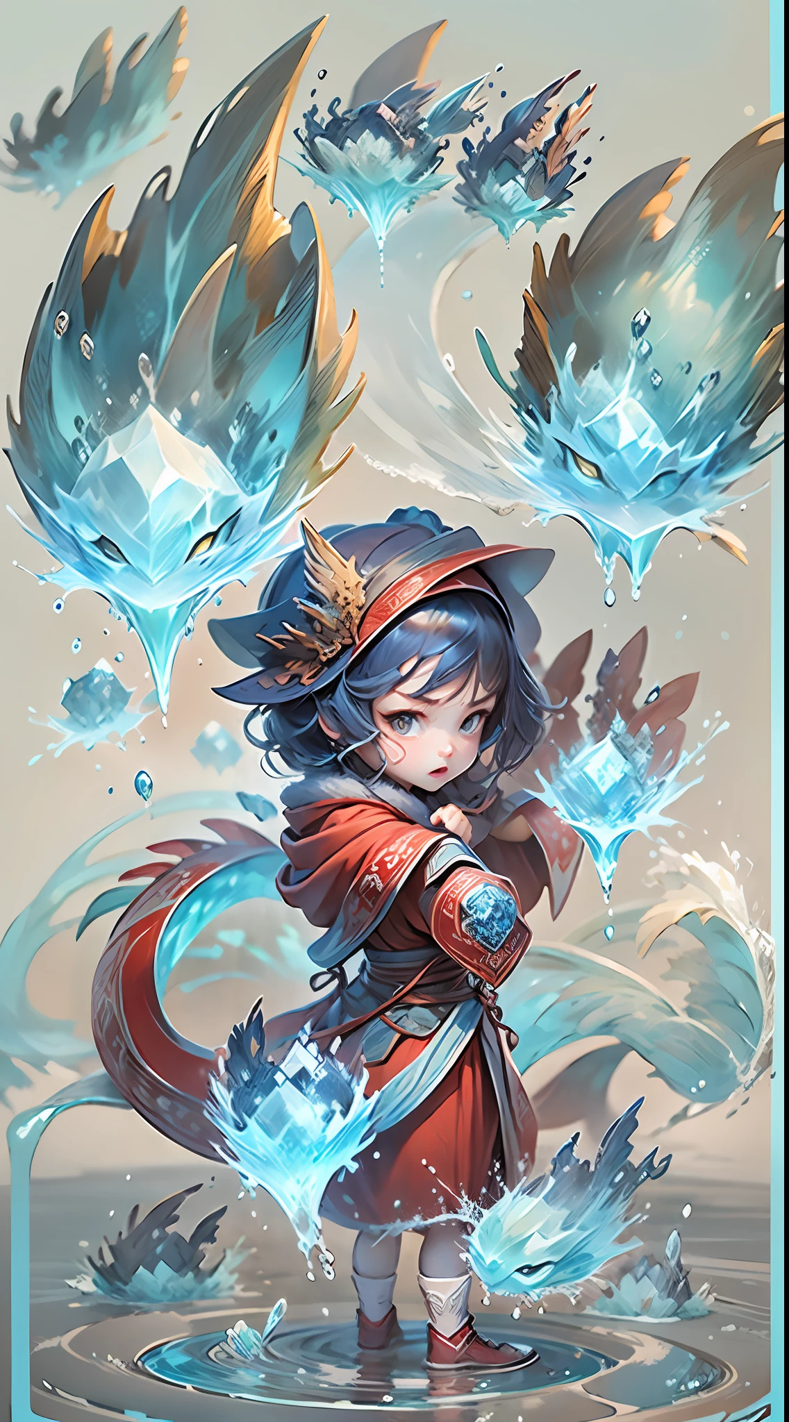 Q version 3 years old（Red robe：1.4）Baby girl standing in front of a transparent blue water dragon，crystal-clear，Eau，water flowing，drippy，Around the girl，Combines the power of water and ice elements，Create powerful ice storms，Freeze surrounding enemies and deal extensive freeze damage。