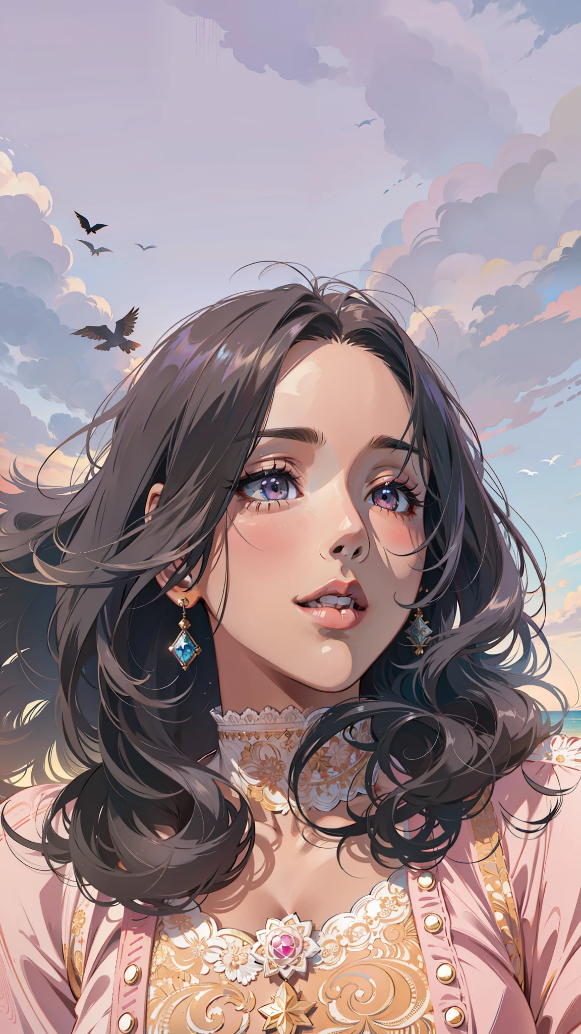 (masterpiece),(best quality:1.0), (ultra highres:1.0), detailed illustration, 8k, anime, 1girl, beautiful anime girl, wearing a pink dress, earrings , intricate details, black eyes, detailed eyes, pink eyeshadow, black hair, detailed hair detailed, highlights on hair, smiling, matte lipstick, perfect lips, beach, sunny, clear sky, clouds anime style, best quality, detailed