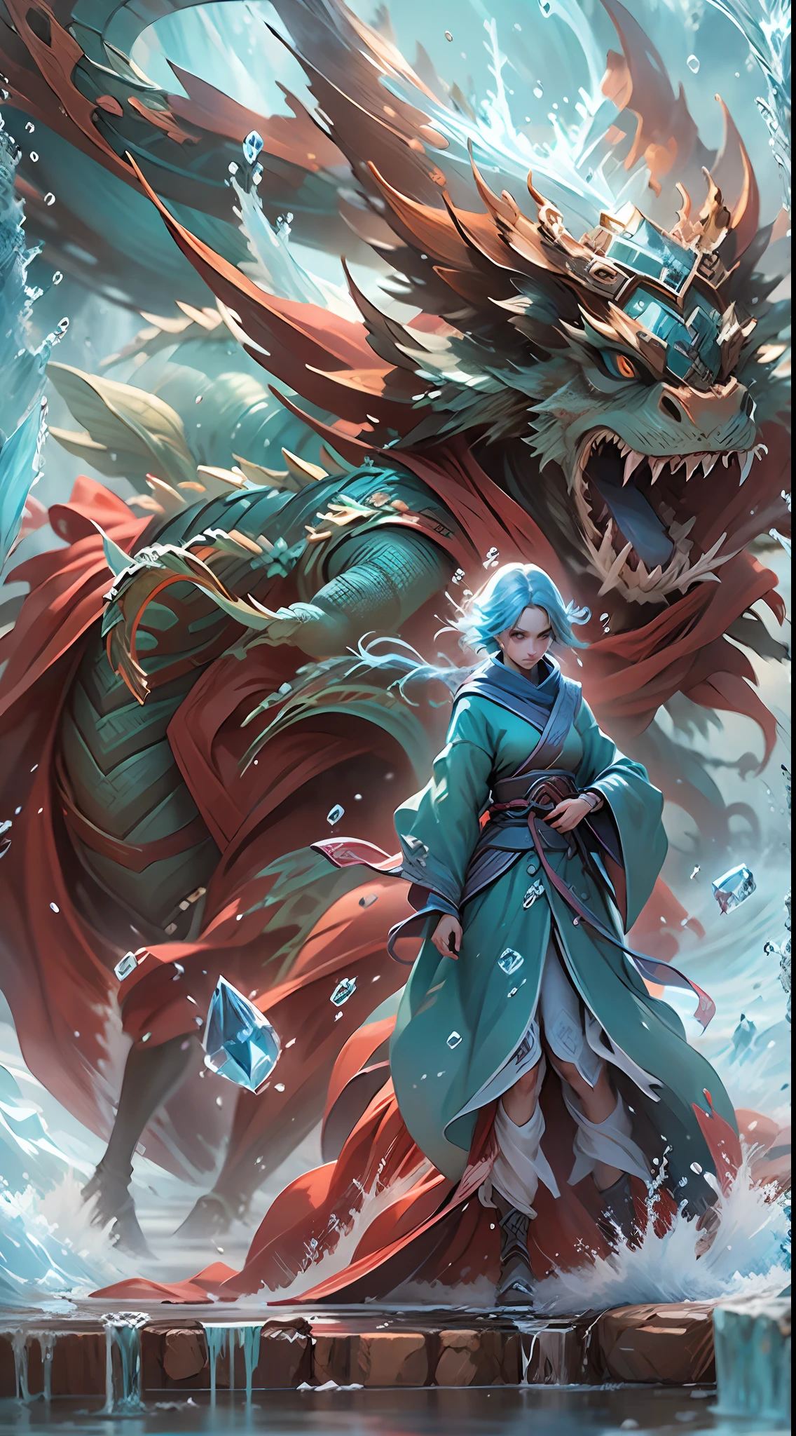 Q version （Red robe：1.4）Baby girl standing in front of a transparent blue water dragon，crystal-clear，Eau，water flowing，drippy，Around the girl，Combines the power of water and ice elements，Create powerful ice storms，Freeze surrounding enemies and deal extensive freeze damage。