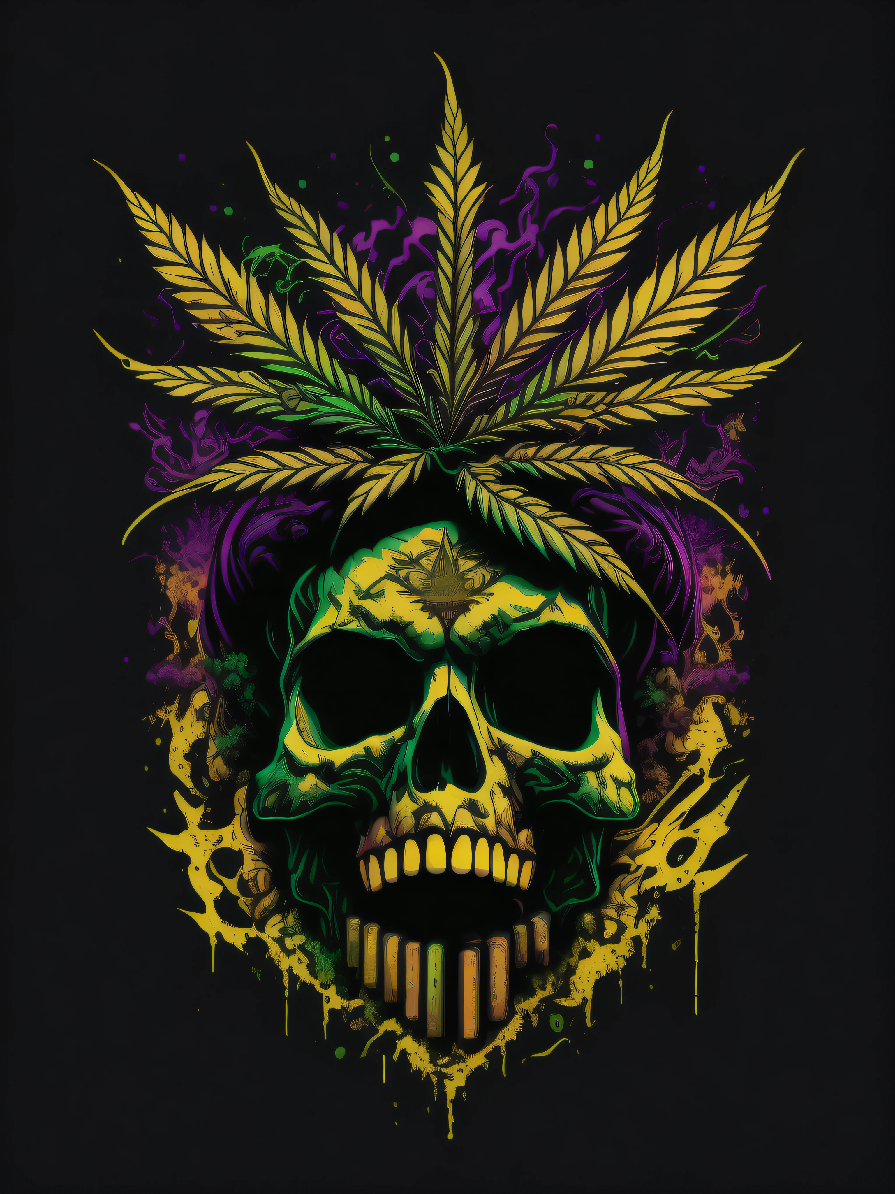 skull, marijuana, vector image, t-shirt design, isolated, black background, yellow green and purple illustration only