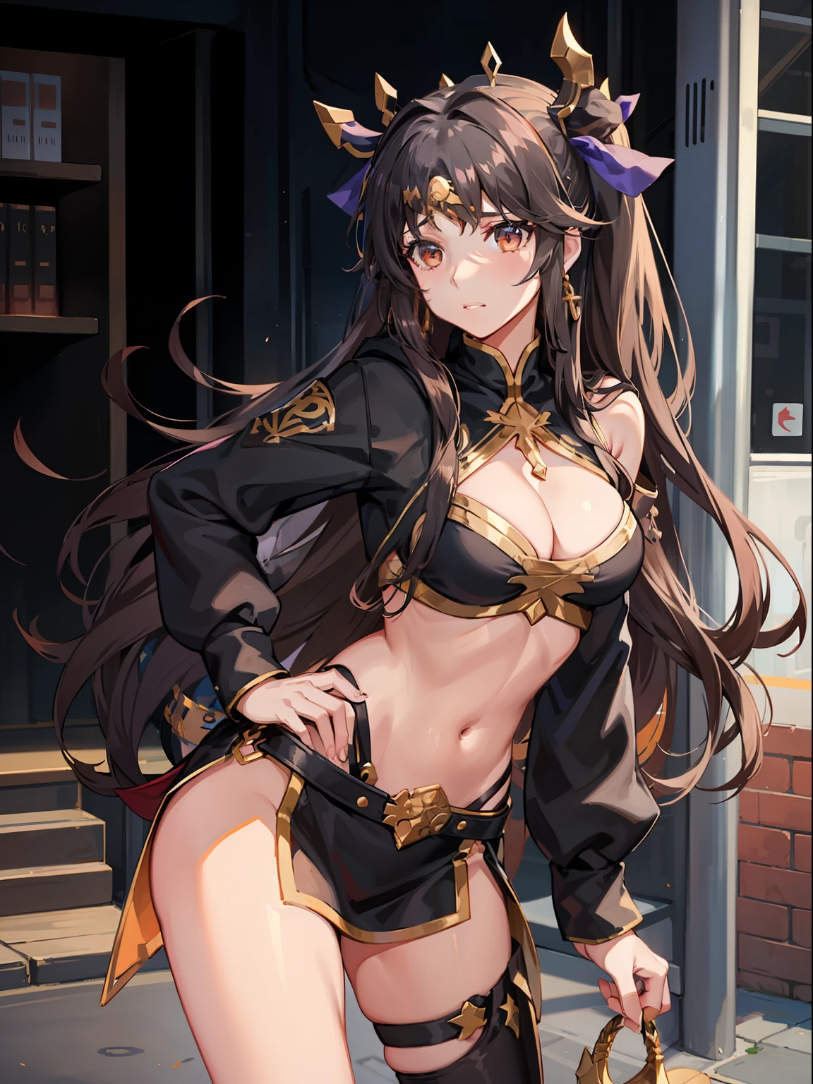 ((ishtar \(fate\))), 1girl,solo, cowboy shot, standing, hand on hip, single thighhigh,cleavage, black_hair,(hoodie),outdoors,street