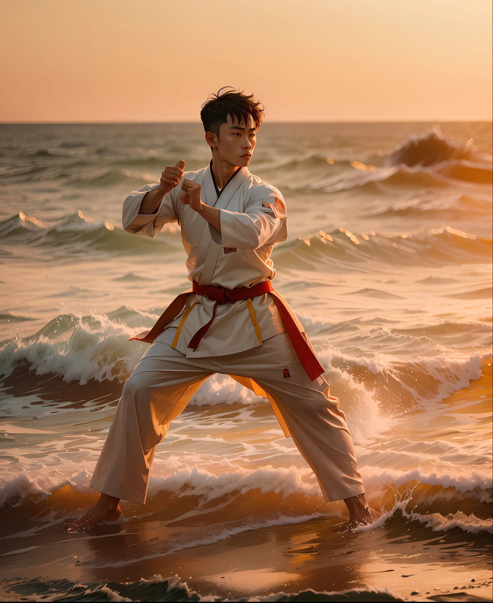 A young martial artist by the sea at sunset, solo practicing with golden and red tones, with a panoramic view of the ocean and rippling waves.
warm and dreamy atmosphere, soft lighting, Canon EOS R5 camera, Fujifilm Pro 400H film, 35mm lens, shallow depth of field, Bruce Lee, Jackie Chan, Jet Li, Alexander McQueen, Haider Ackermann