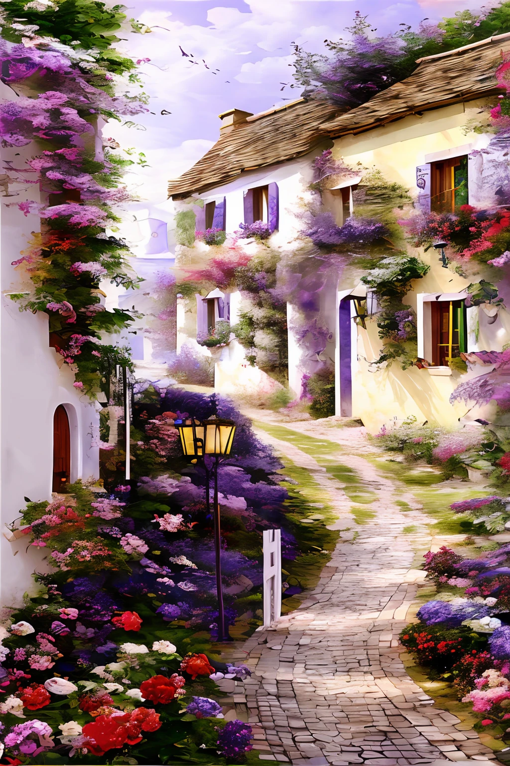 (in 8K、top-quality、​masterpiece:1.2)、(top-quality:1.0)、(超A high resolution:1.0)、watercolor paiting、white walls、window、Colorful flowers entangled in the wall々、Purple shadow of impressionism、extremely luminous bright design、PastelColors、France