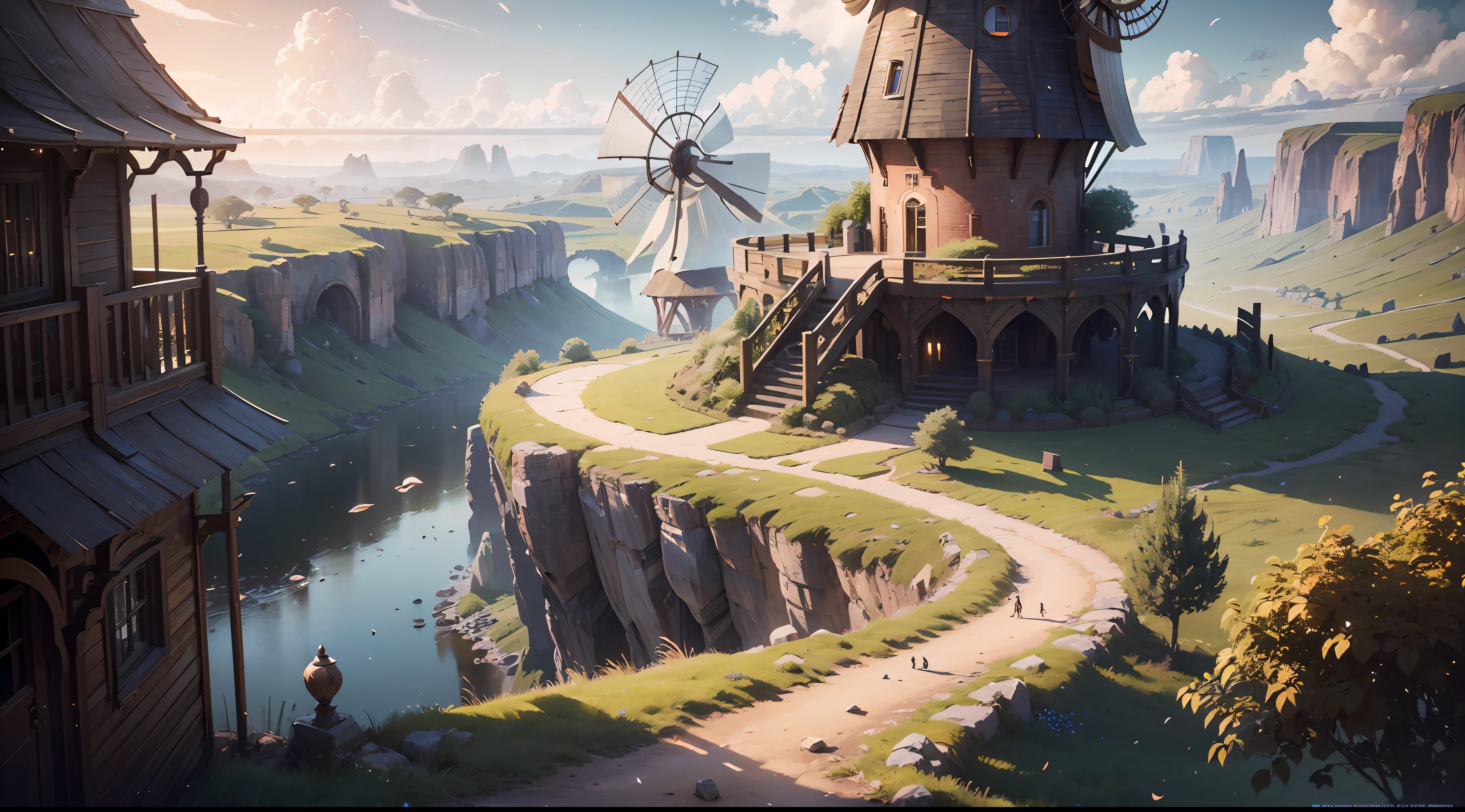 "(by Greg Rutkowski: 1.2), (ultra-detailed CG unity 8k wallpaper, masterpiece, best quality, depth of field, HDR, intricate), Enchanting windmill in a picturesque countryside, with vibrant colors and stunning details, sharp focus, cinematic lighting, peaceful environment, post-processing, (detailed environment)"