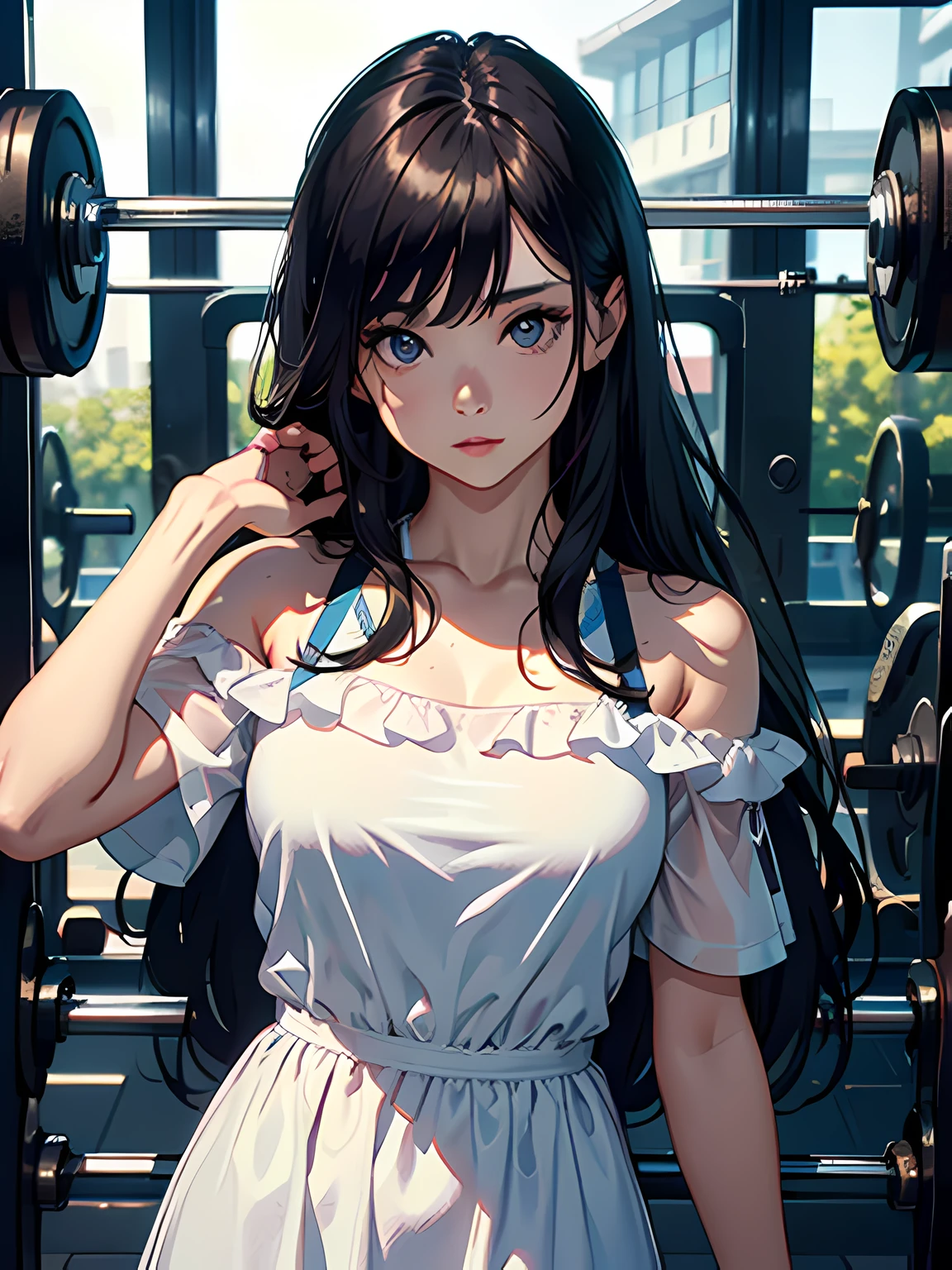 Works of masters,Best image quality,Higher quality,high detal,超高分辨率,8K分辨率,bust,exquisite facial features,s the perfect face,Glowing skin,((femele)),(solo person),(Actress),(long whitr hair),(Hair over the shoulder),(Summer dress),(((Facing the viewer))),(gym room)